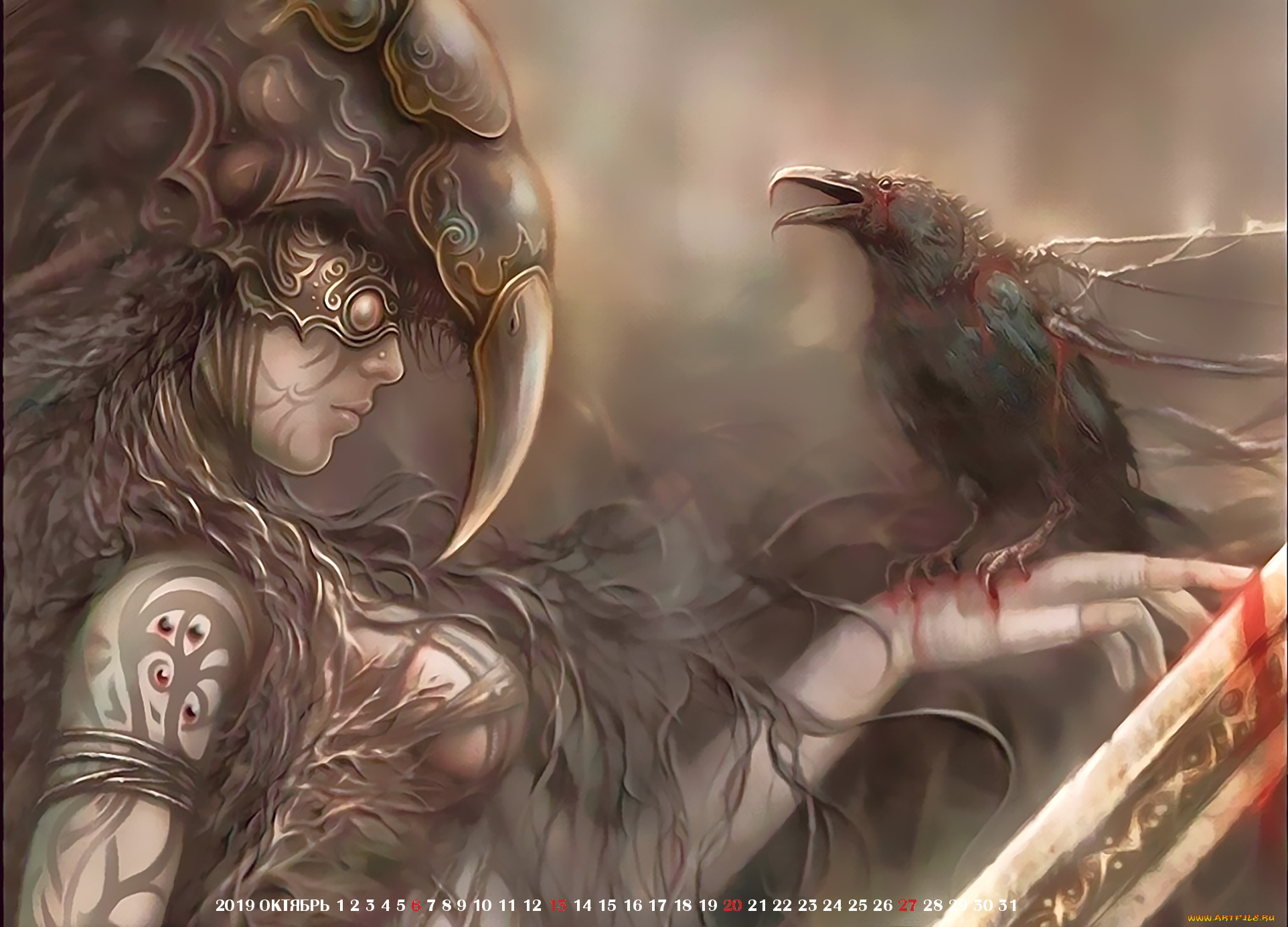 календари, фэнтези, маска, профиль, девушка, кровь, птица, 2019, calendar