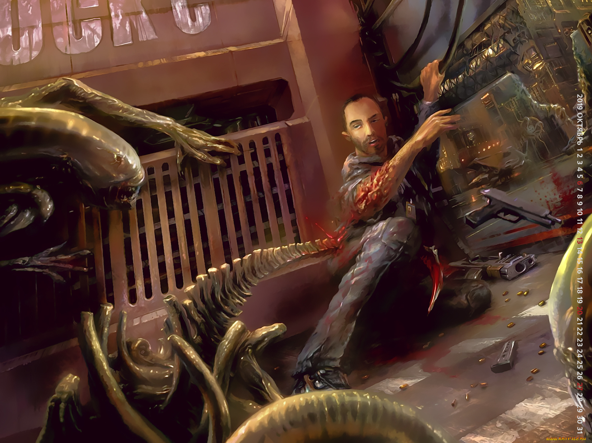 календари, фэнтези, мужчина, монстр, пистолет, существо, calendar, 2019