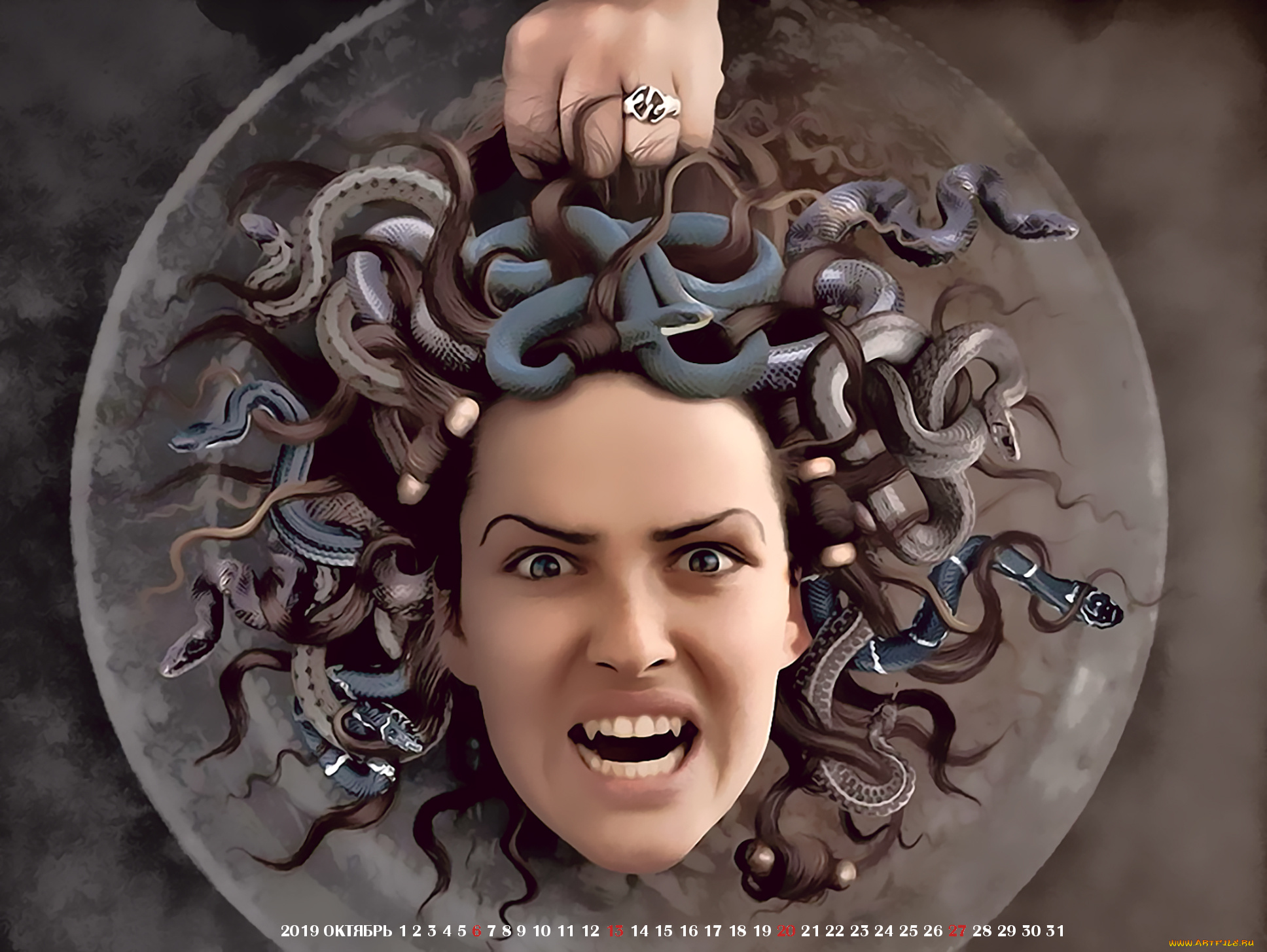 календари, фэнтези, голова, 2019, calendar, лицо, рука, змея