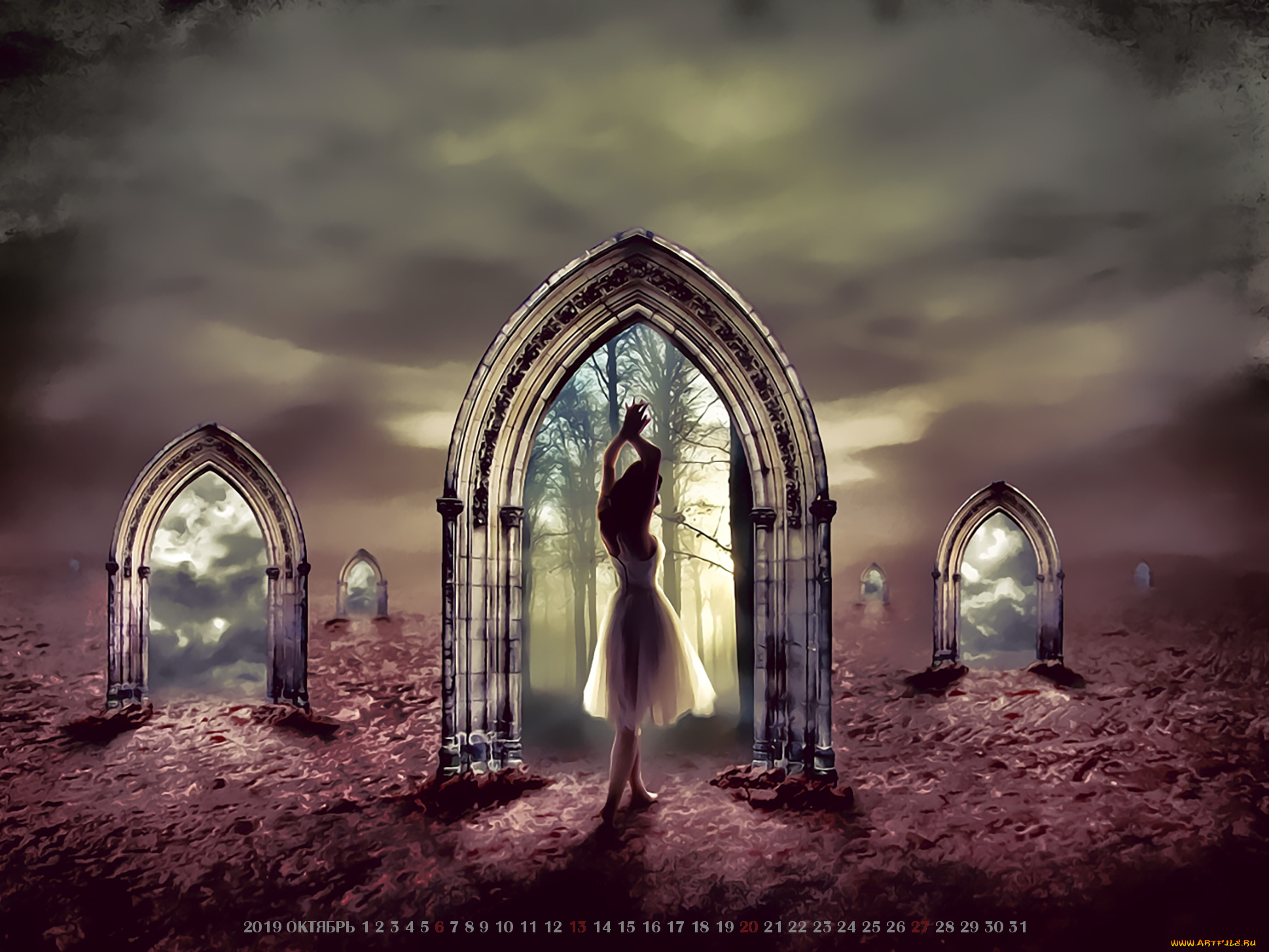 календари, фэнтези, девушка, арка, вход, calendar, 2019