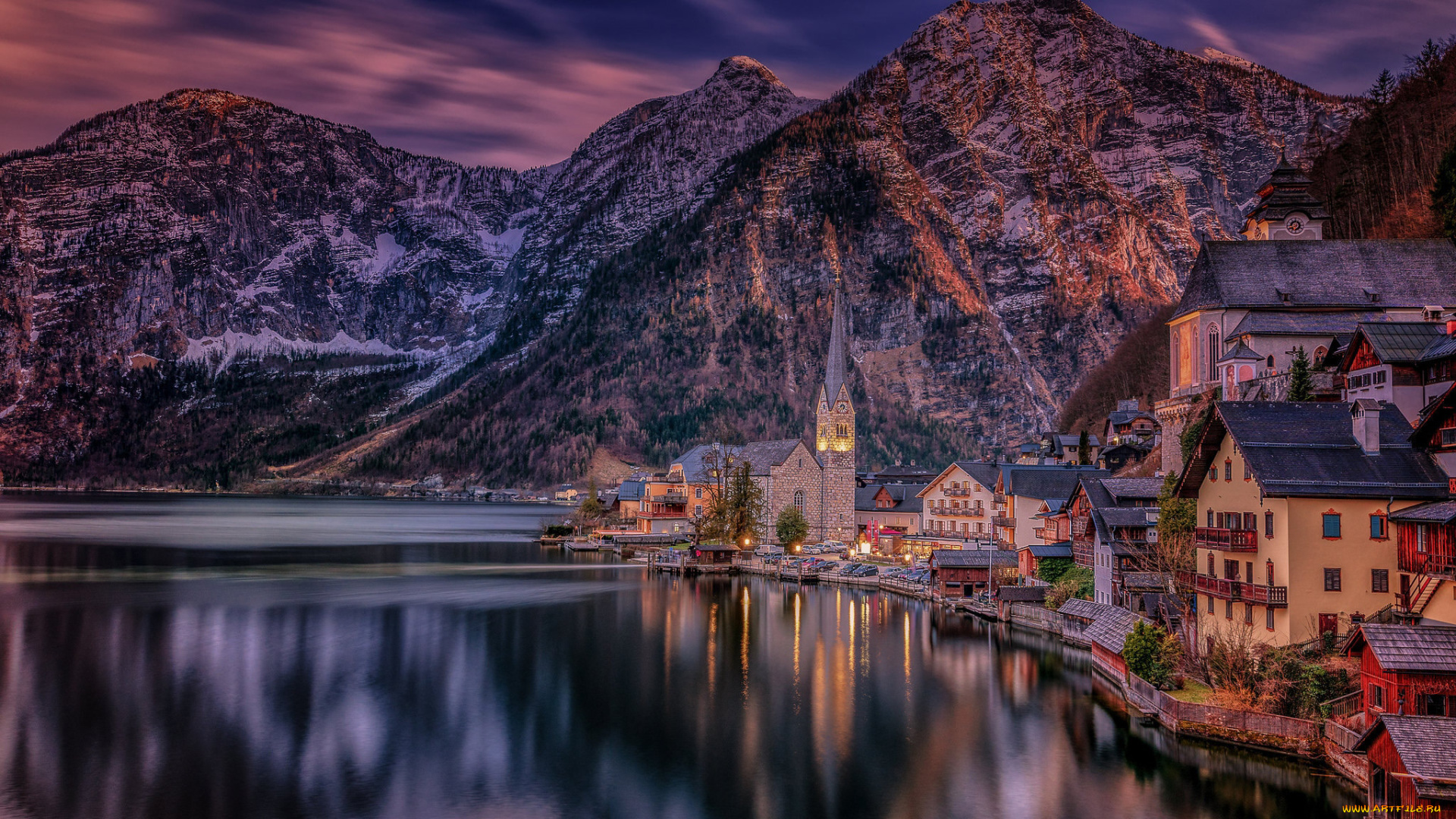 города, гальштат, , австрия, горы, озеро, вечер, огни