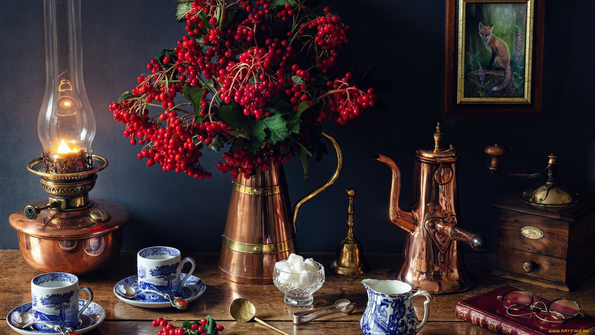 еда, натюрморт, лампа, кофемолка, калина, сахар