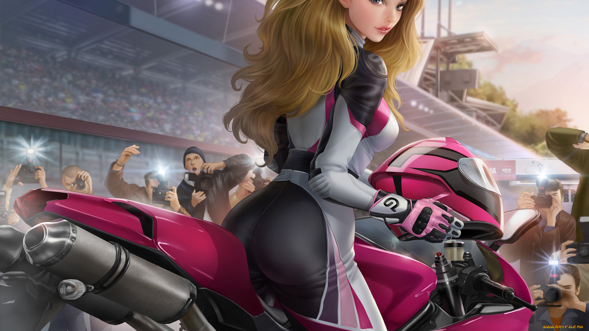 рисованное, люди, девушка, фон, взгляд, униформа, байк, папараци