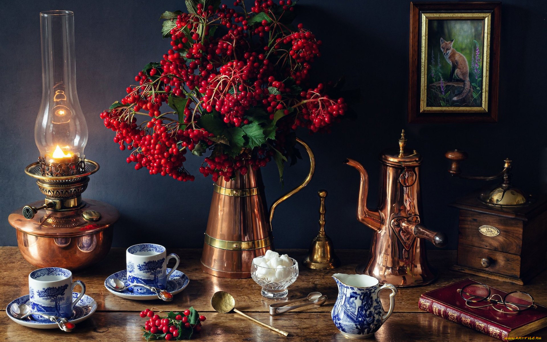 еда, натюрморт, лампа, кофемолка, калина, сахар