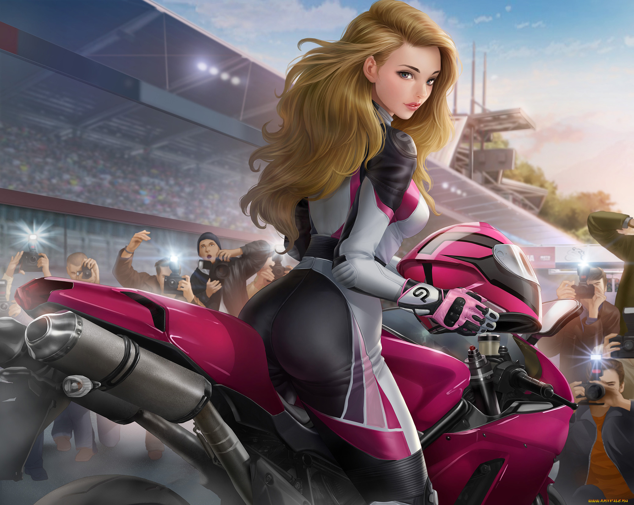 рисованное, люди, девушка, фон, взгляд, униформа, байк, папараци