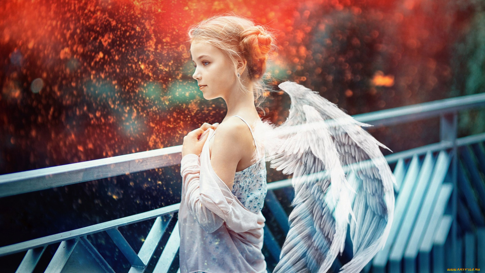 разное, компьютерный, дизайн, девочка, ангел, крылья, мост