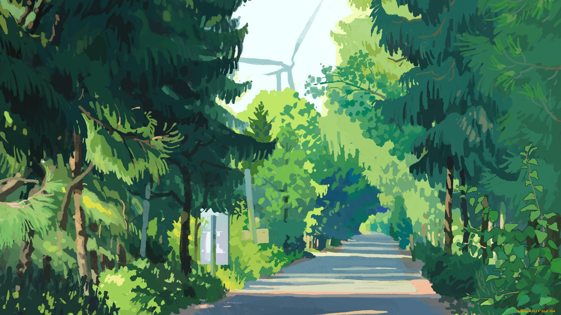 рисованное, природа, деревья, дорога, ветряк, парк