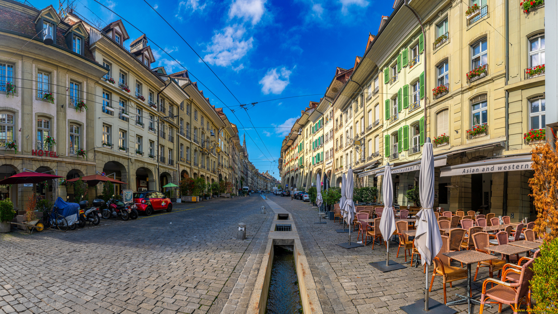 города, берн, , швейцария, берн, дома, панорама, улица, кафе