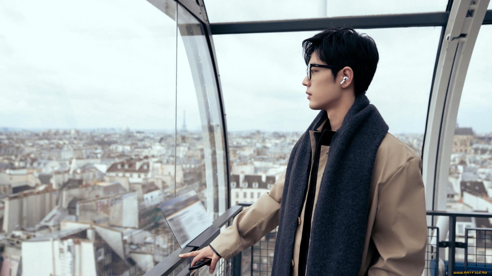 мужчины, xiao, zhan, актер, шарф, очки, пальто, город, панорама