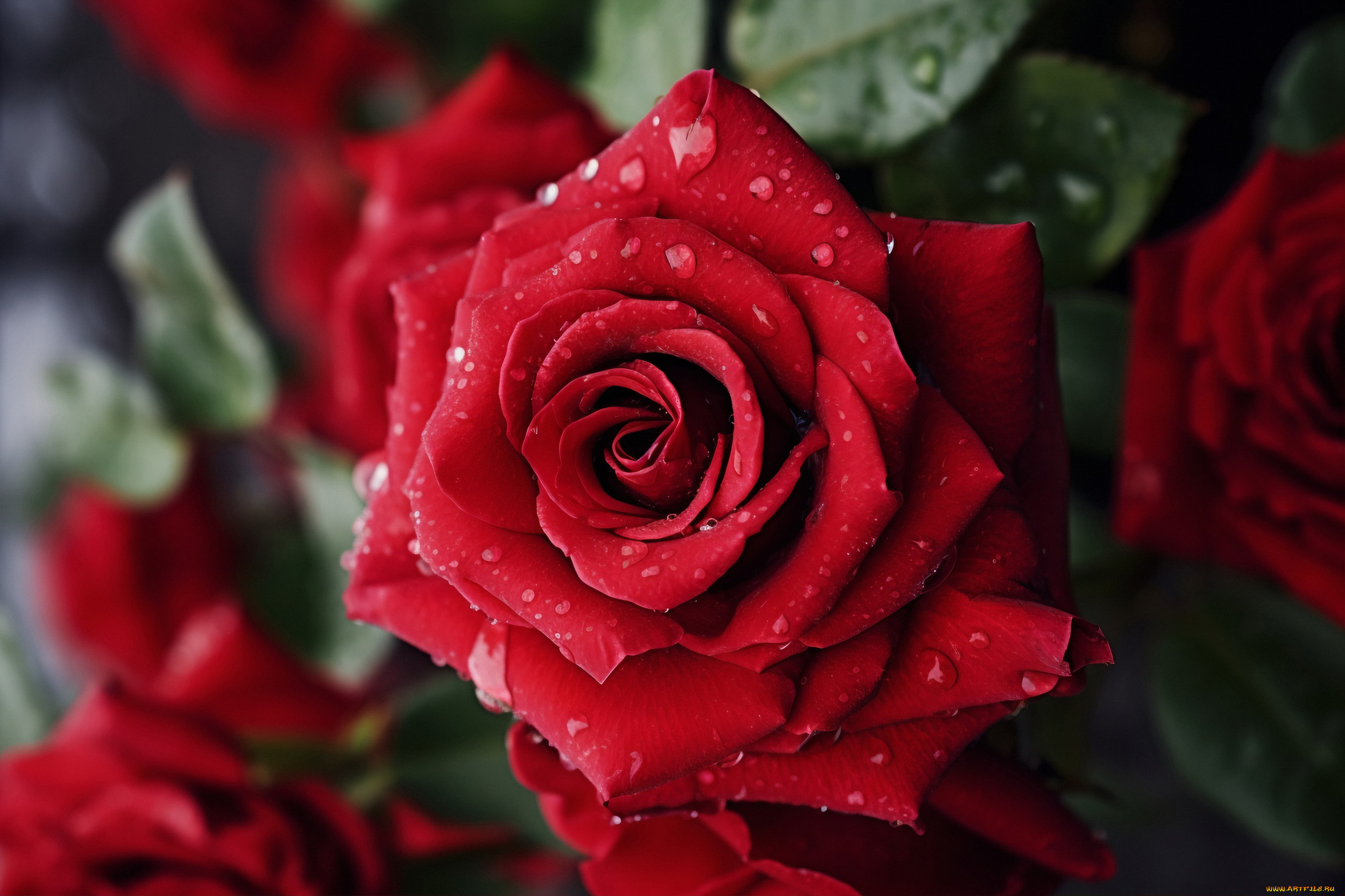 цветы, розы, алая, роза, макро, капли