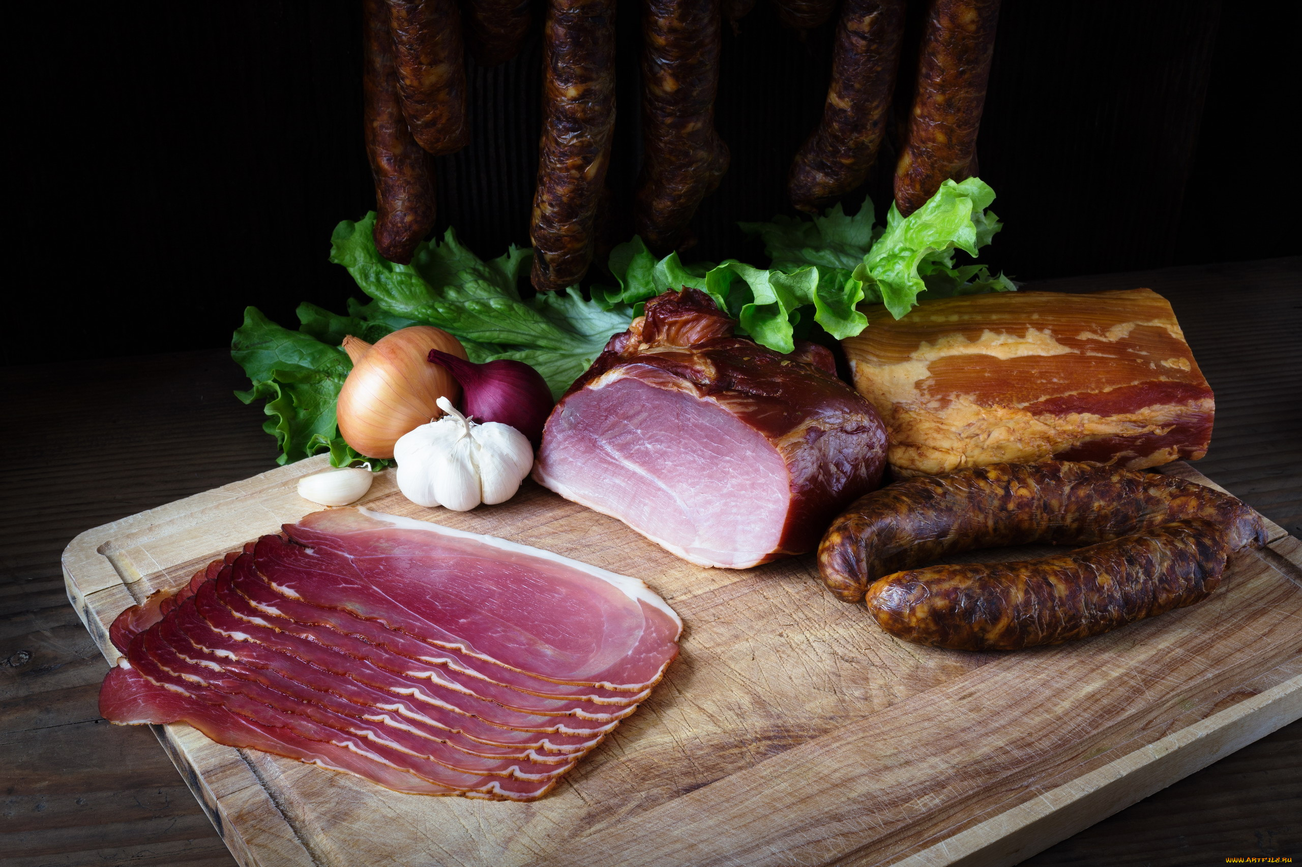 еда, колбасные, изделия, лук, чеснок, копчености, окорок, колбаса, зелень