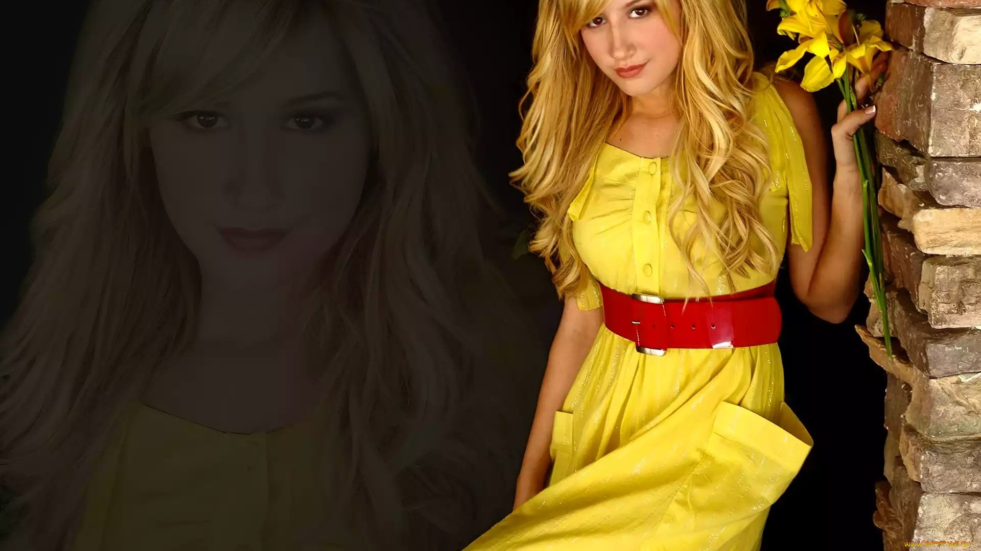 девушки, ashley, tisdale, блондинка, платье, пояс, цветы, стена
