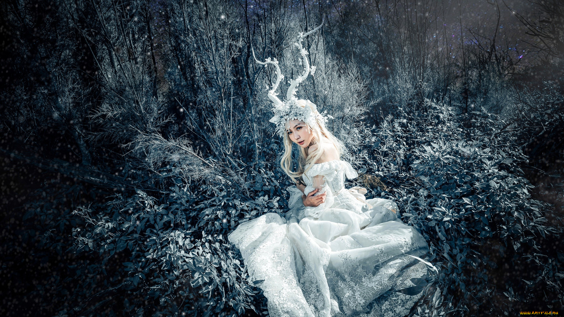 девушки, -, креатив, , косплей, образ, косплей, наряд, костюм, платье, рога, трава, иней