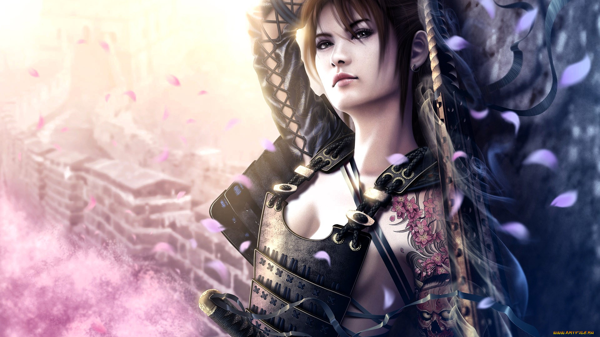 фэнтези, девушки, девушка, меч, доспехи, тату, город, дома, лепестки