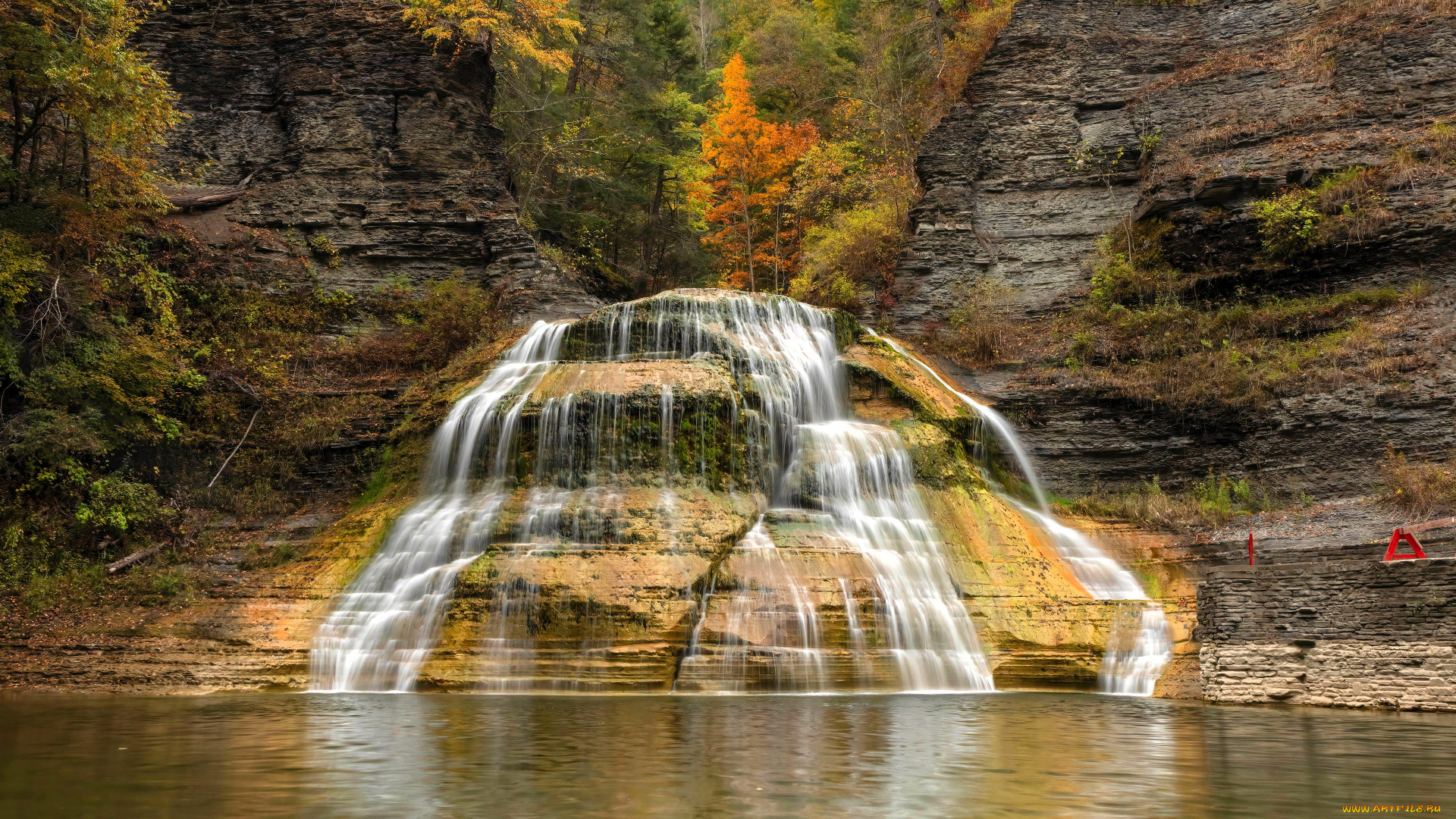 природа, водопады, скалы, расселина, лес, осень, водопад, озеро