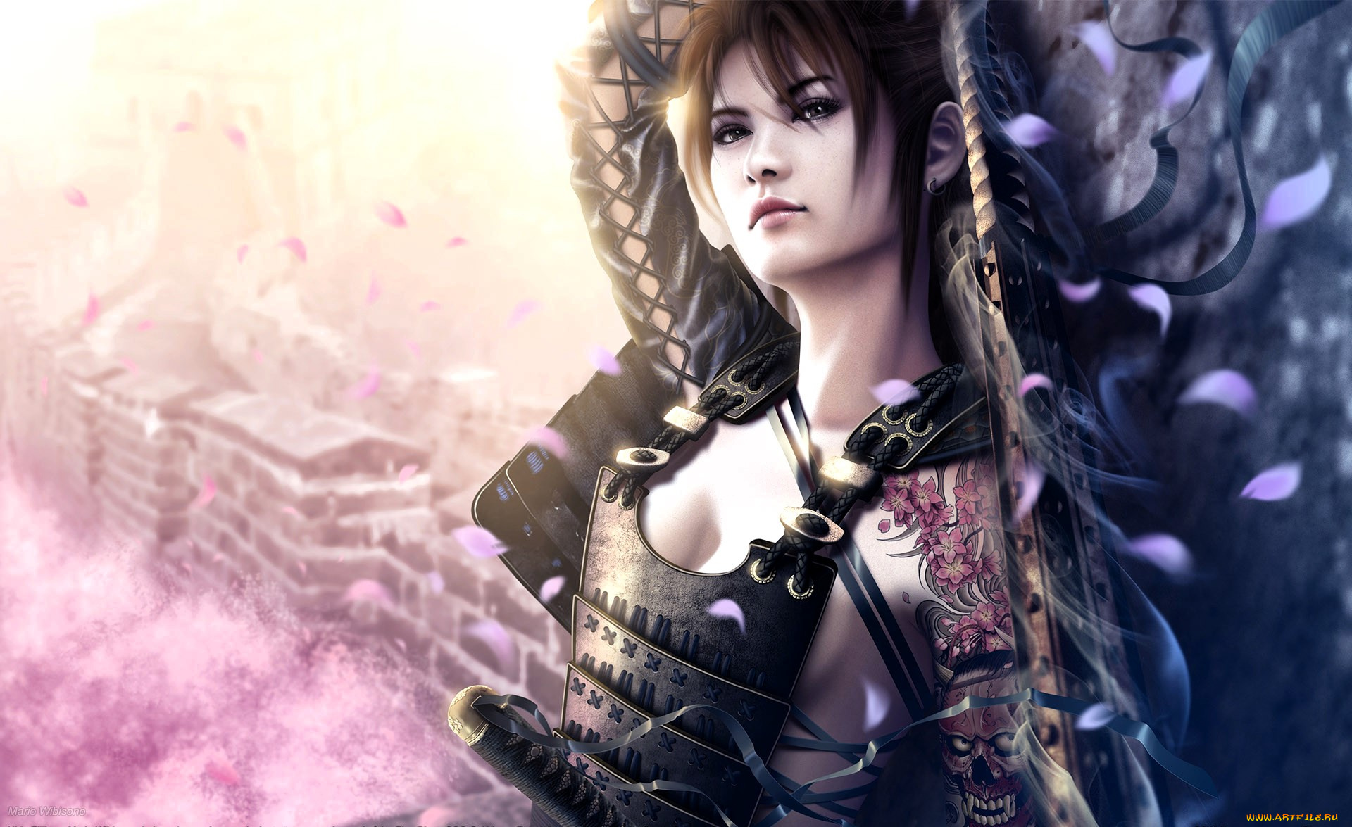 фэнтези, девушки, девушка, меч, доспехи, тату, город, дома, лепестки