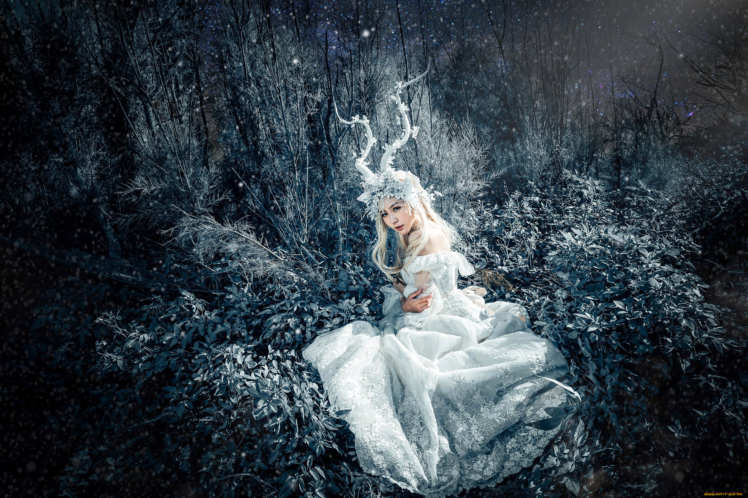 девушки, -, креатив, , косплей, образ, косплей, наряд, костюм, платье, рога, трава, иней