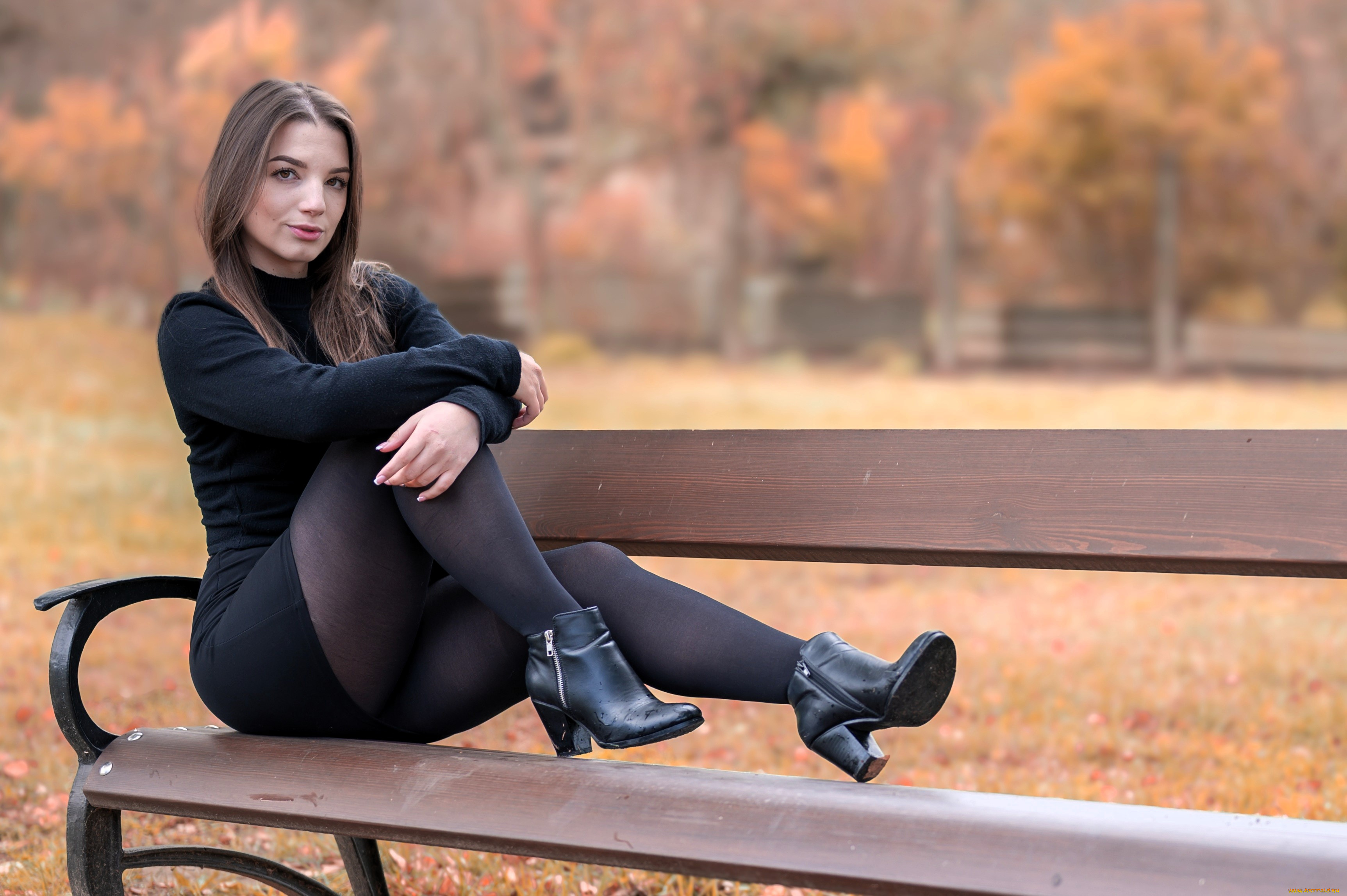 девушки, -, брюнетки, , шатенки, шатенка, платье, колготки, ботинки, скамейка, парк, осень