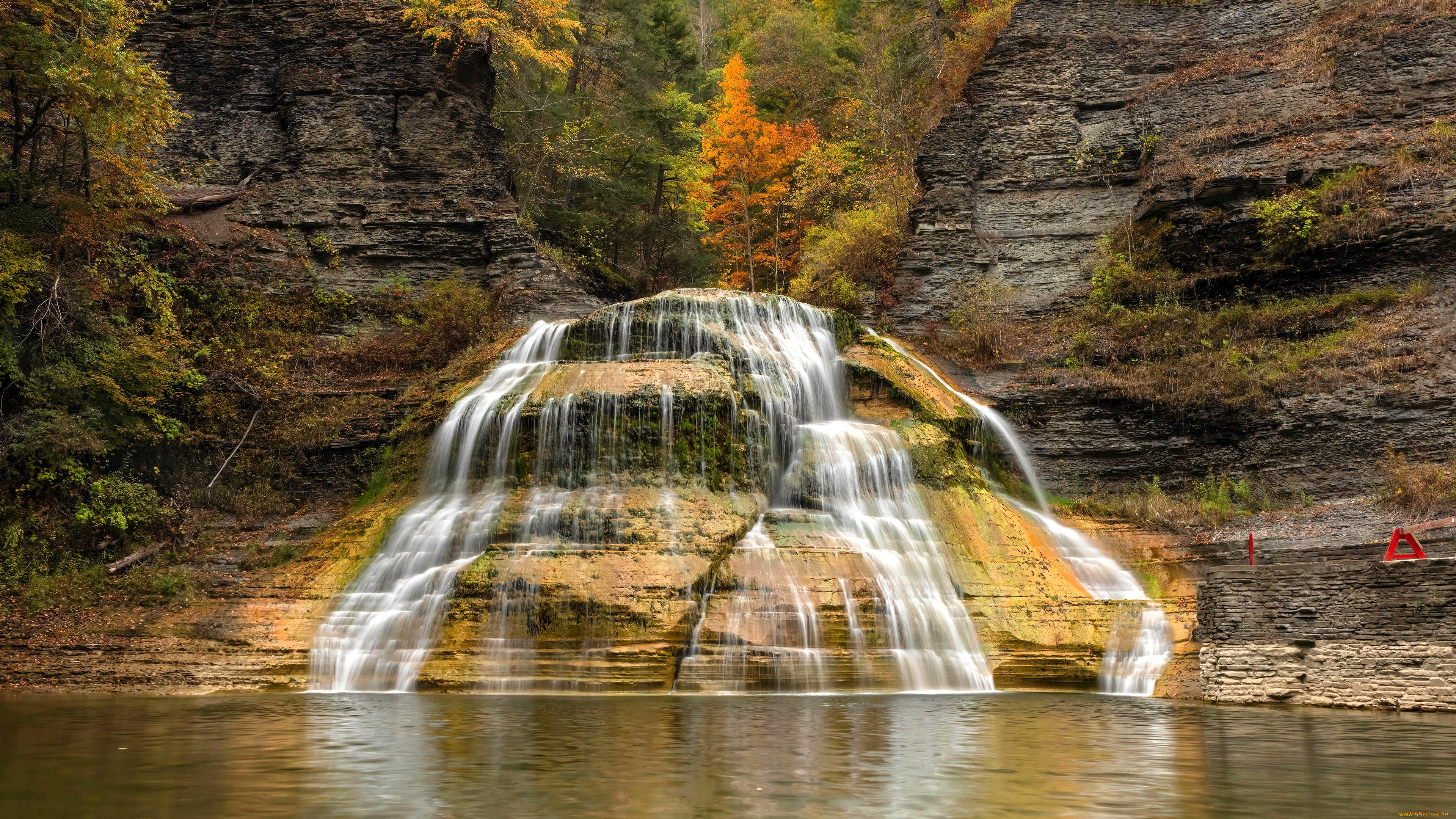 природа, водопады, скалы, расселина, лес, осень, водопад, озеро