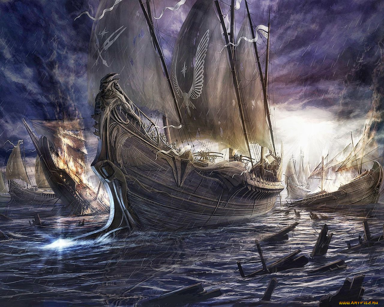 корабли, рисованные