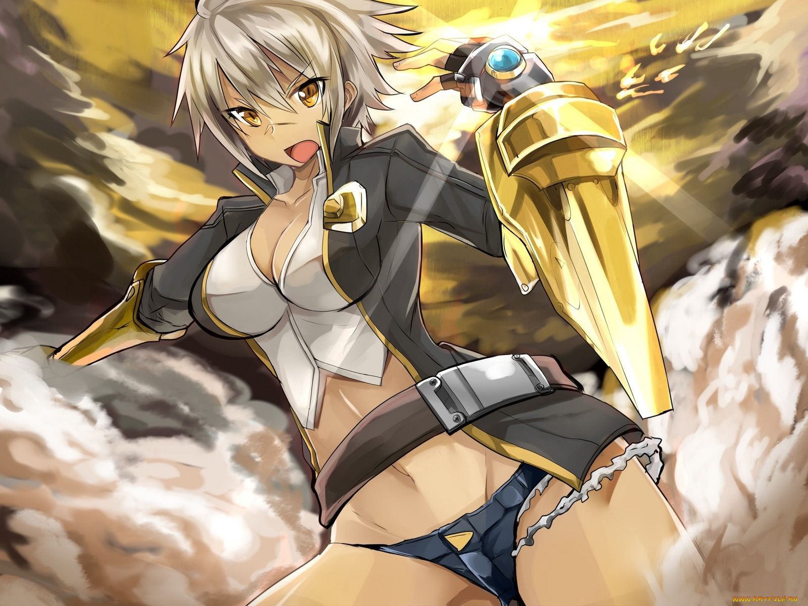 аниме, weapon, blood, technology, пояс, топ, наручи, жакет, девушка