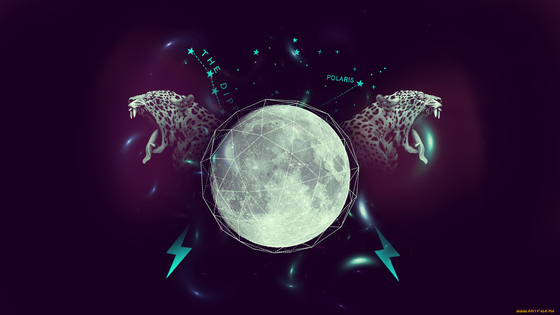 3д, графика, animals, животные, фиолетовый, звезды, луна, леопард, линии, молния