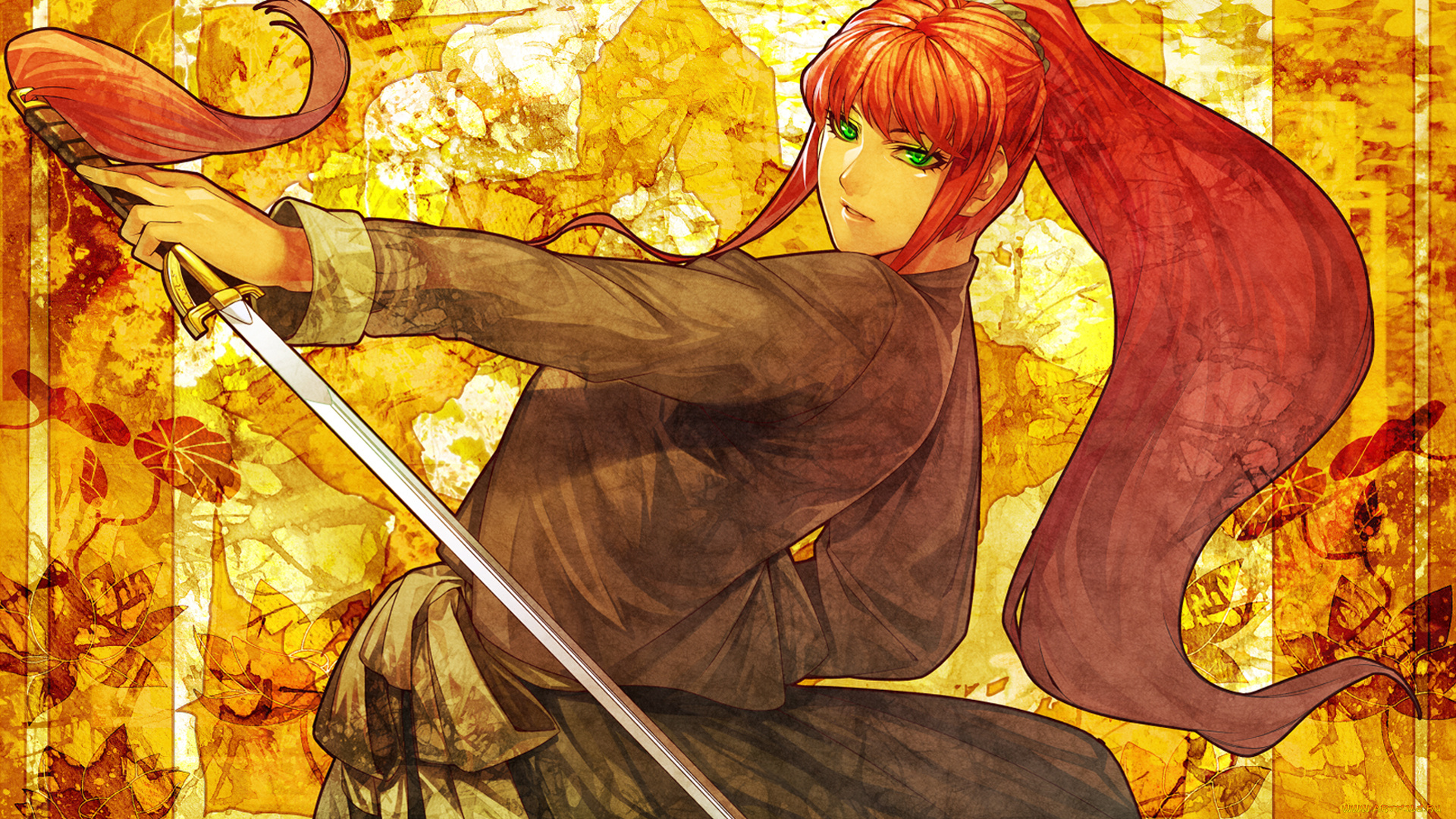 аниме, the, twelve, kingdoms, девушка, рыжая, зеленые, глаза, меч, катана