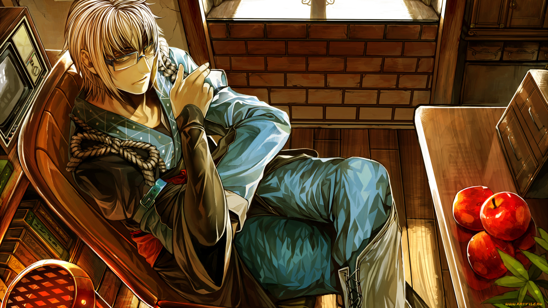 аниме, *unknown, другое, кресло, книги, телевизор, яблоки, очки, парень