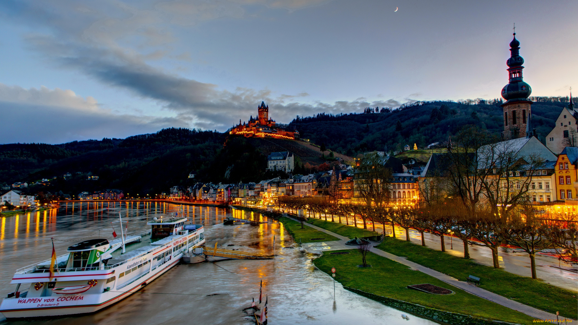 германия, кохем, города, ночь, панорама, огни