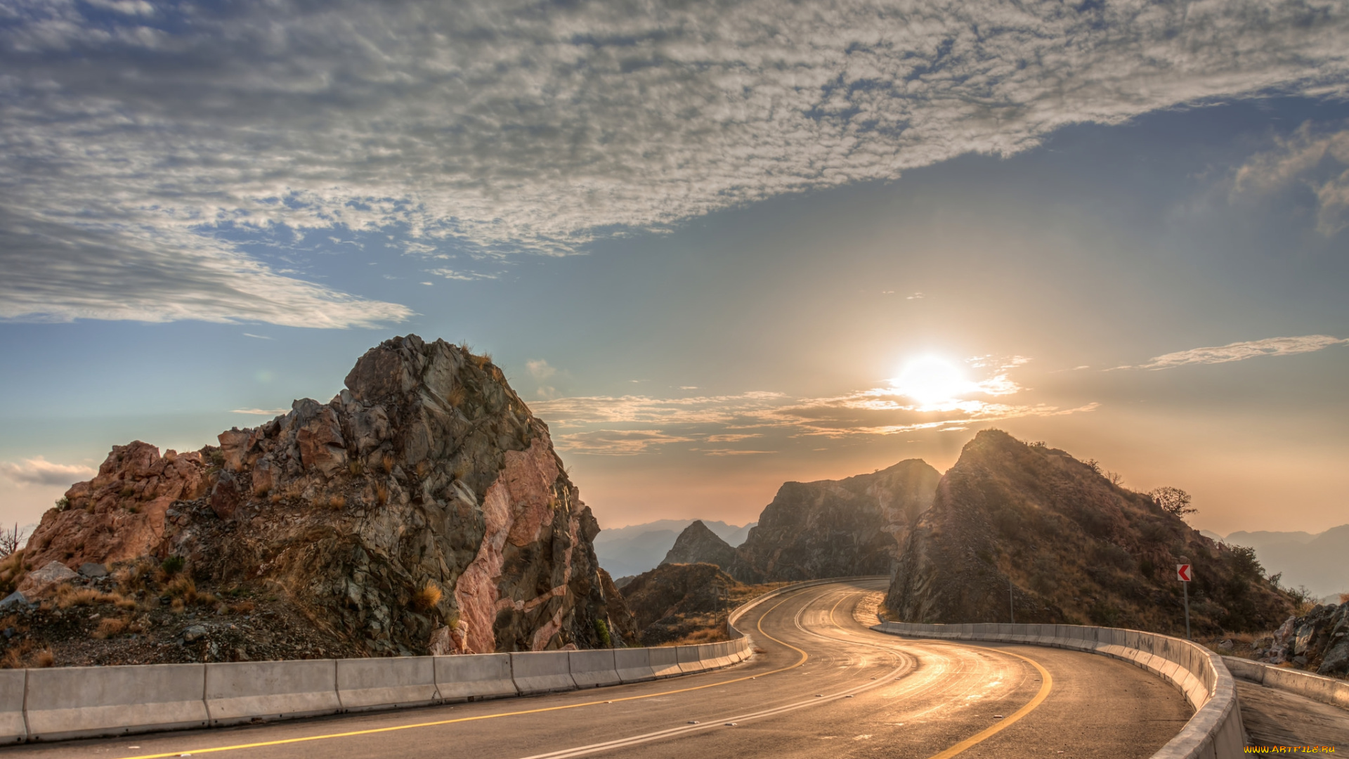 природа, дороги, облака, солнце, шоссе, горы