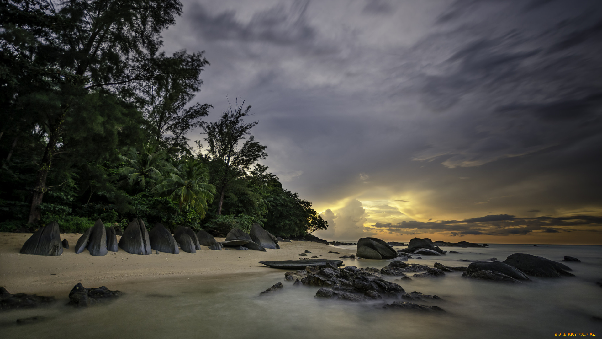природа, тропики, океан, тучи, пальмы, пляж