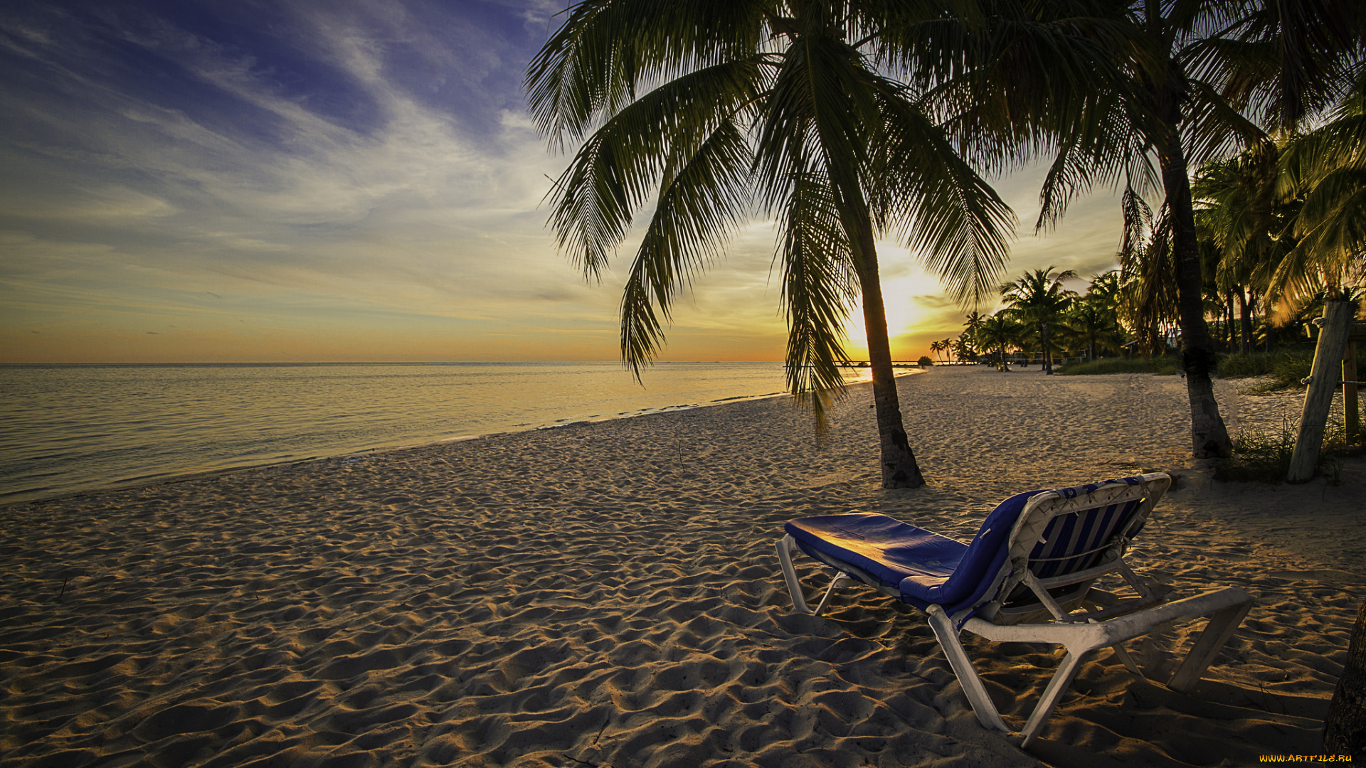 природа, тропики, шезлонг, пальма, пляж, океан