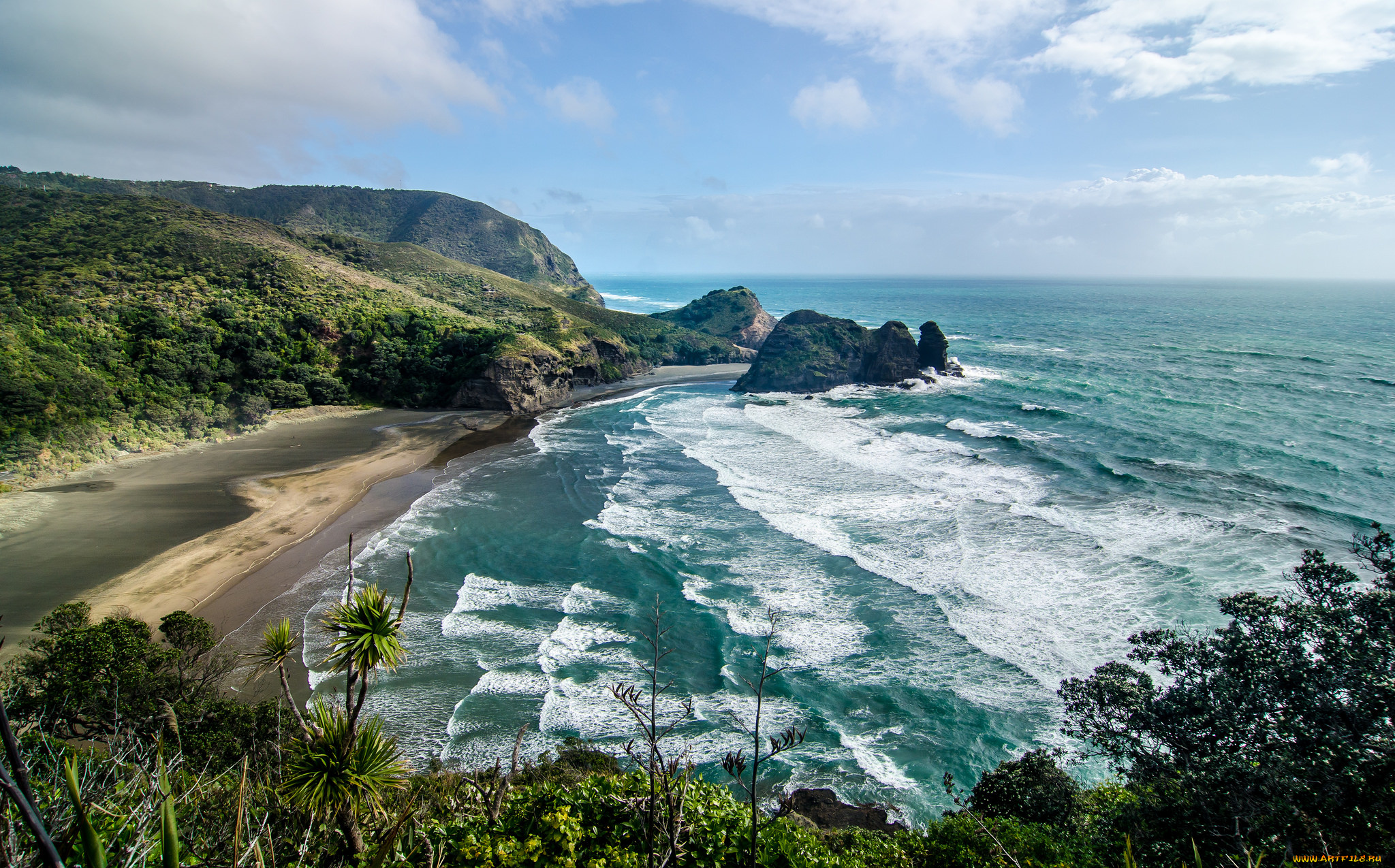 природа, побережье, бухта, пляж, волны, океан