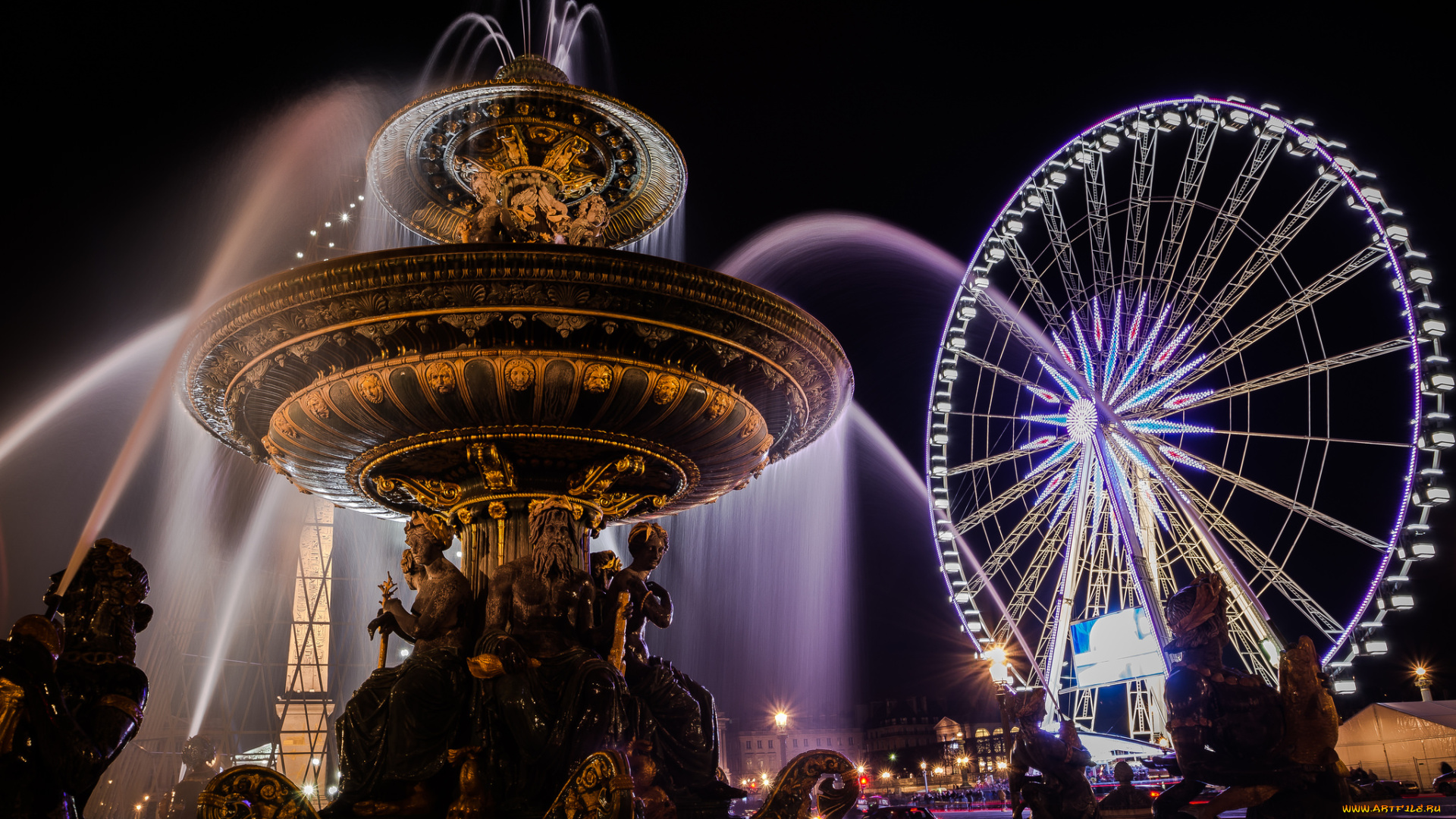 concorde, paris, города, париж, , франция, ночь, колесо, фонтан