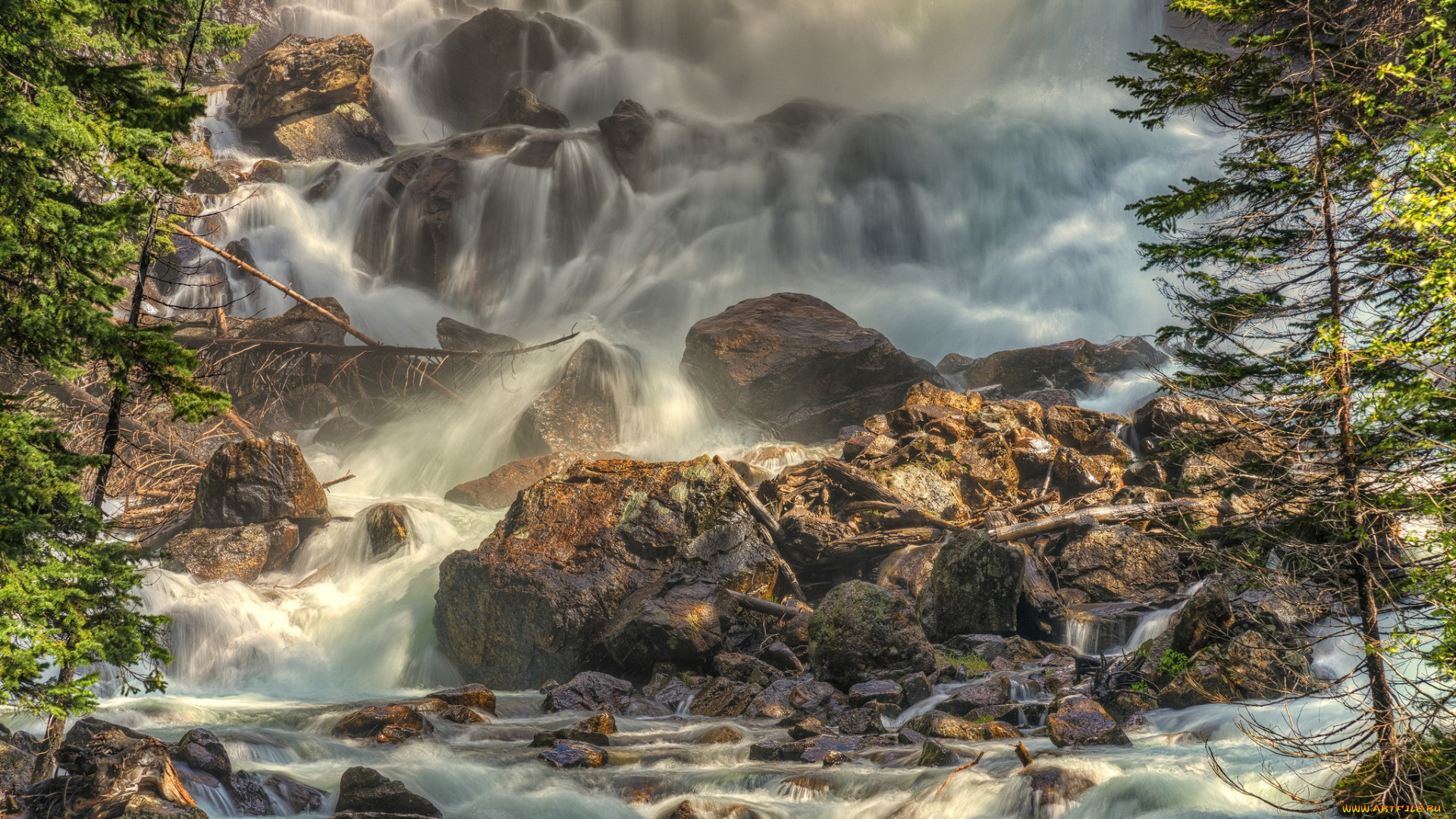 природа, водопады, лес, река, водопад