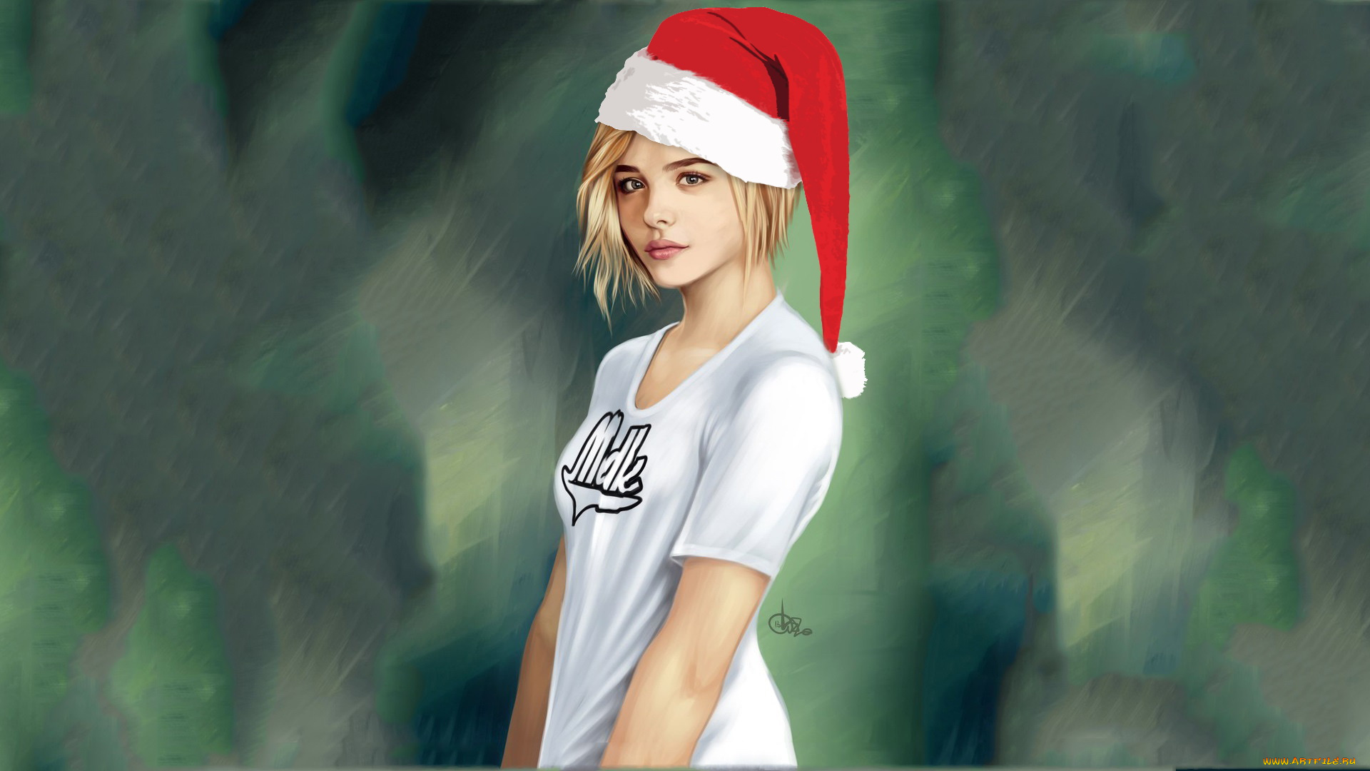 рисованное, люди, девушка, блондинка, шапка, футболка, chloe, moretz