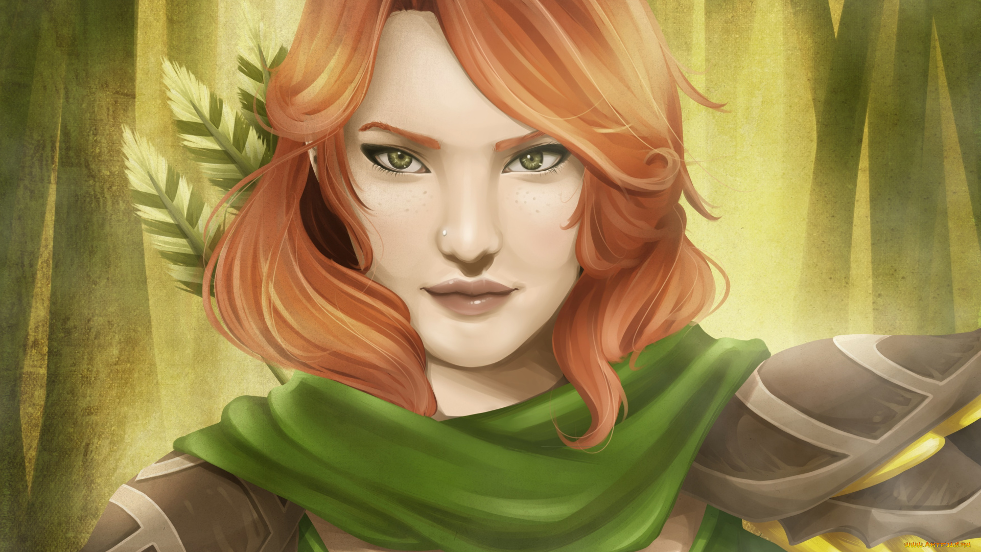 видео, игры, dota, 2, рыжая, лучница, девушка, лицо, взгляд, арт, dota, 2, windrunner