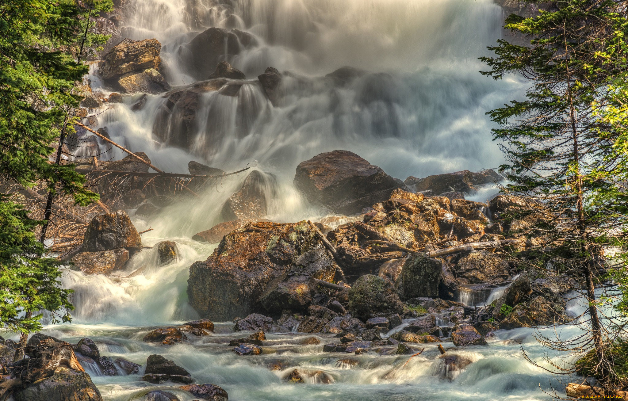 природа, водопады, лес, река, водопад