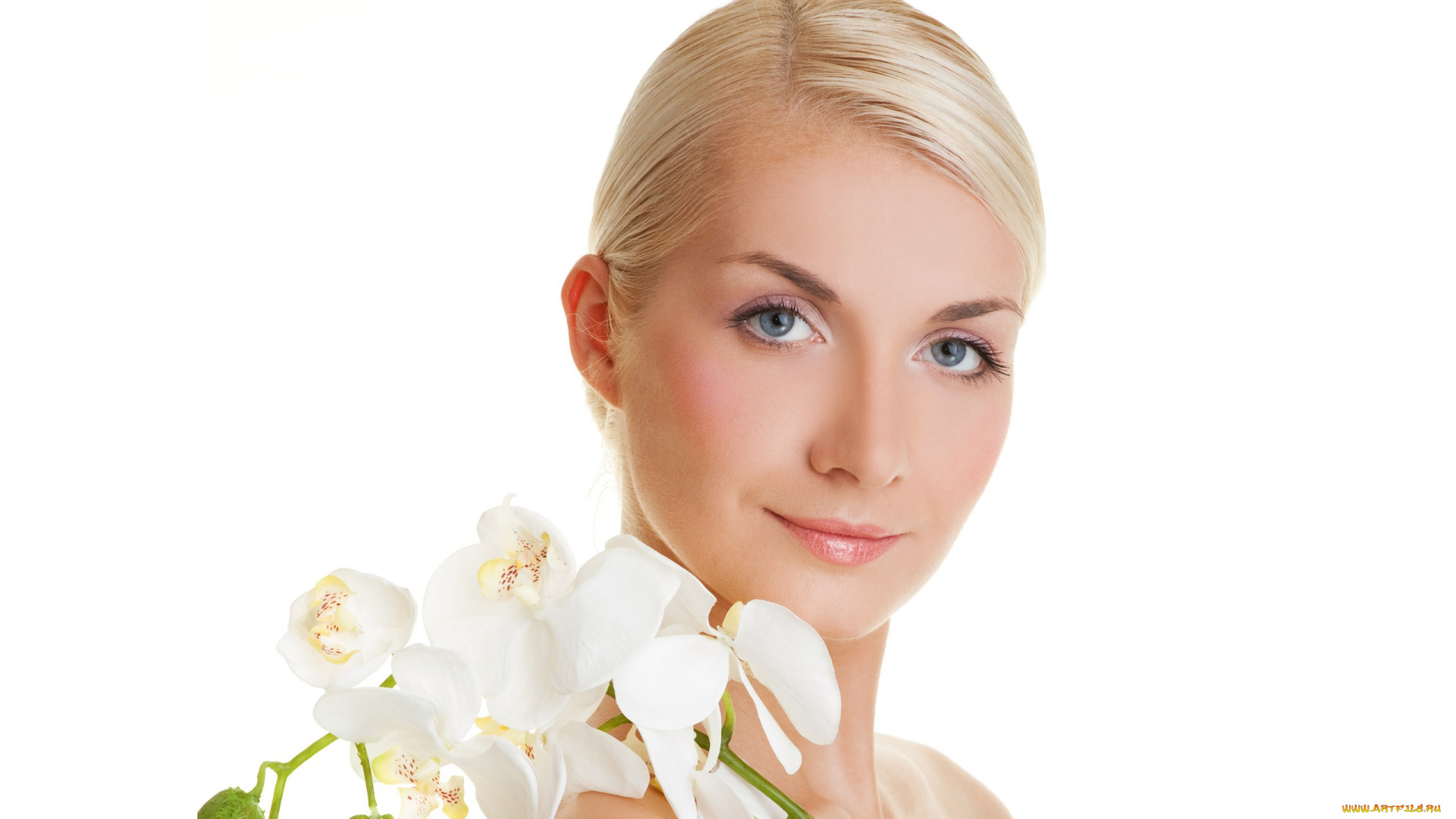 девушки, -unsort, , лица, , портреты, орхидея, цветы, лицо, блондинка, улыбка