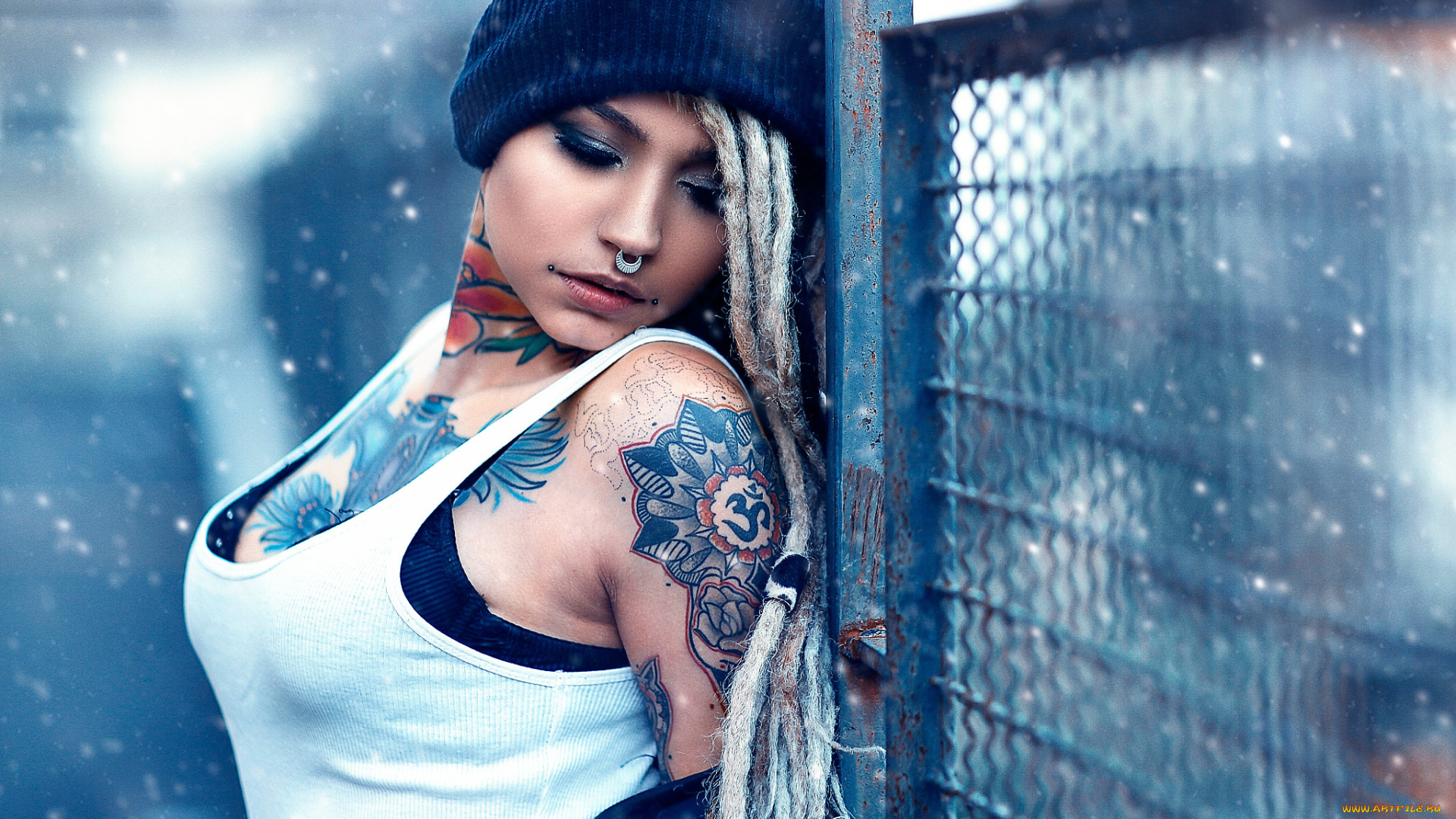 девушки, alessandro, di, cicco, дредды, шапка, татуировки, топ, пирсинг, снег, майка, решетка, felisja, piana