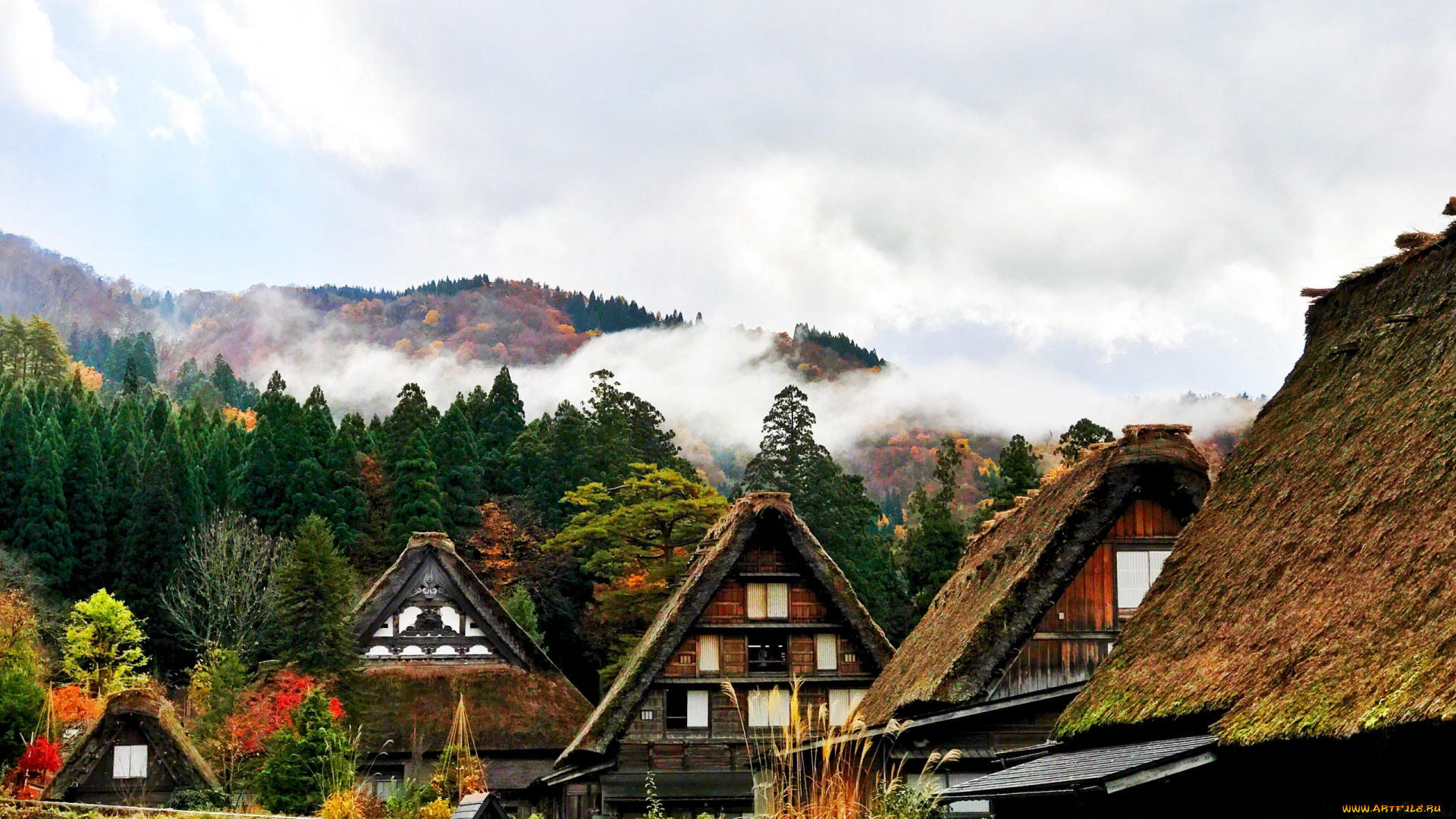 города, -, здания, , дома, горы, туман, деревушка