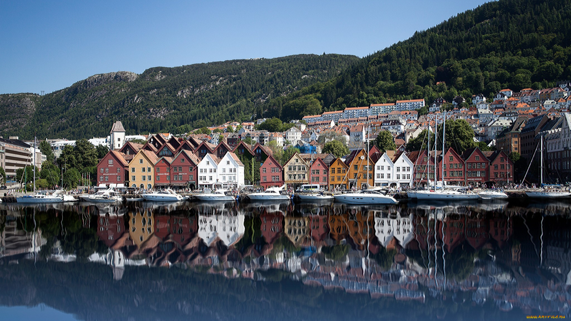 города, берген, , норвегия, дома, яхты, горы