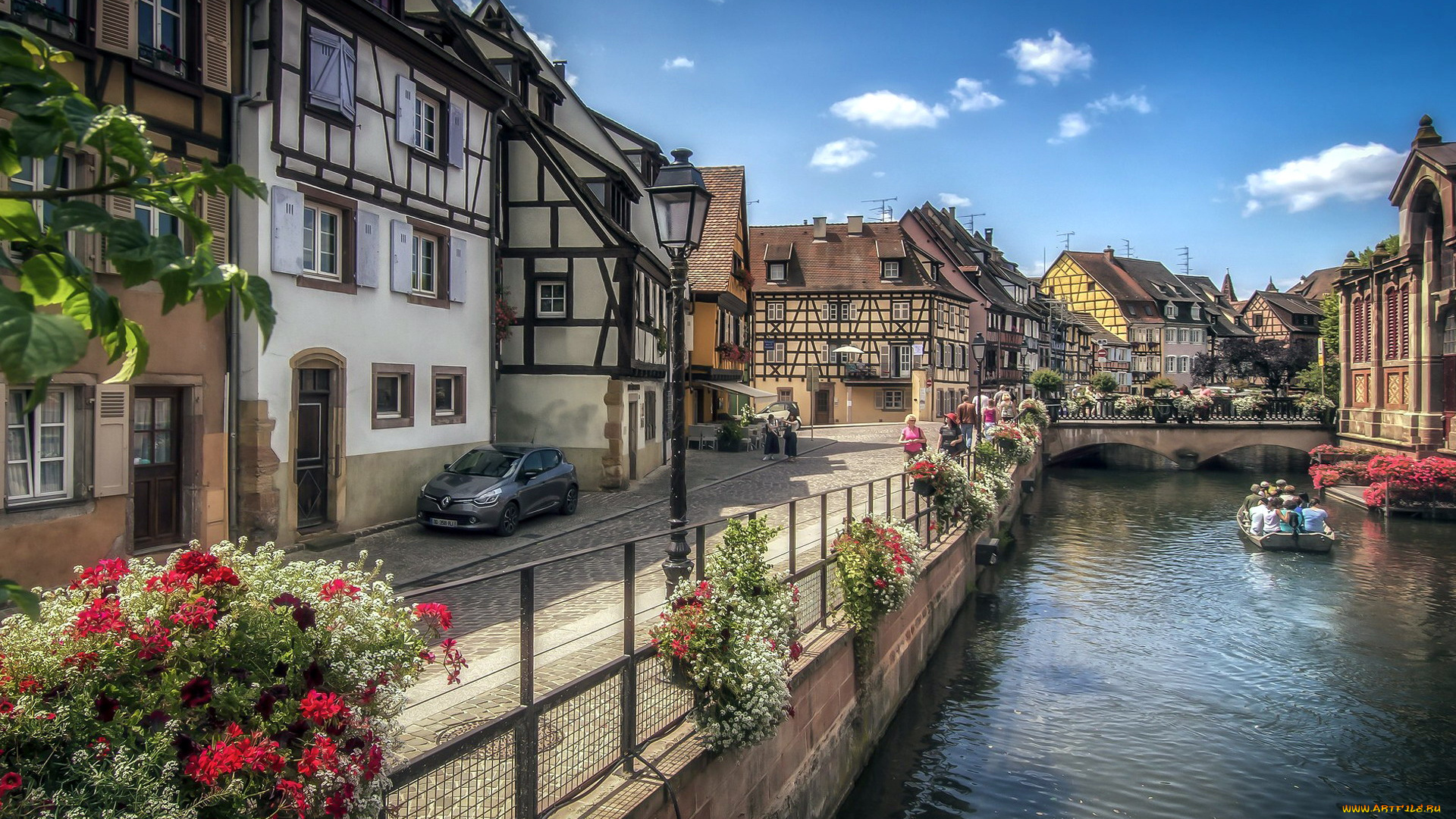 города, кольмар, , франция, цветы, река, набережная, мост