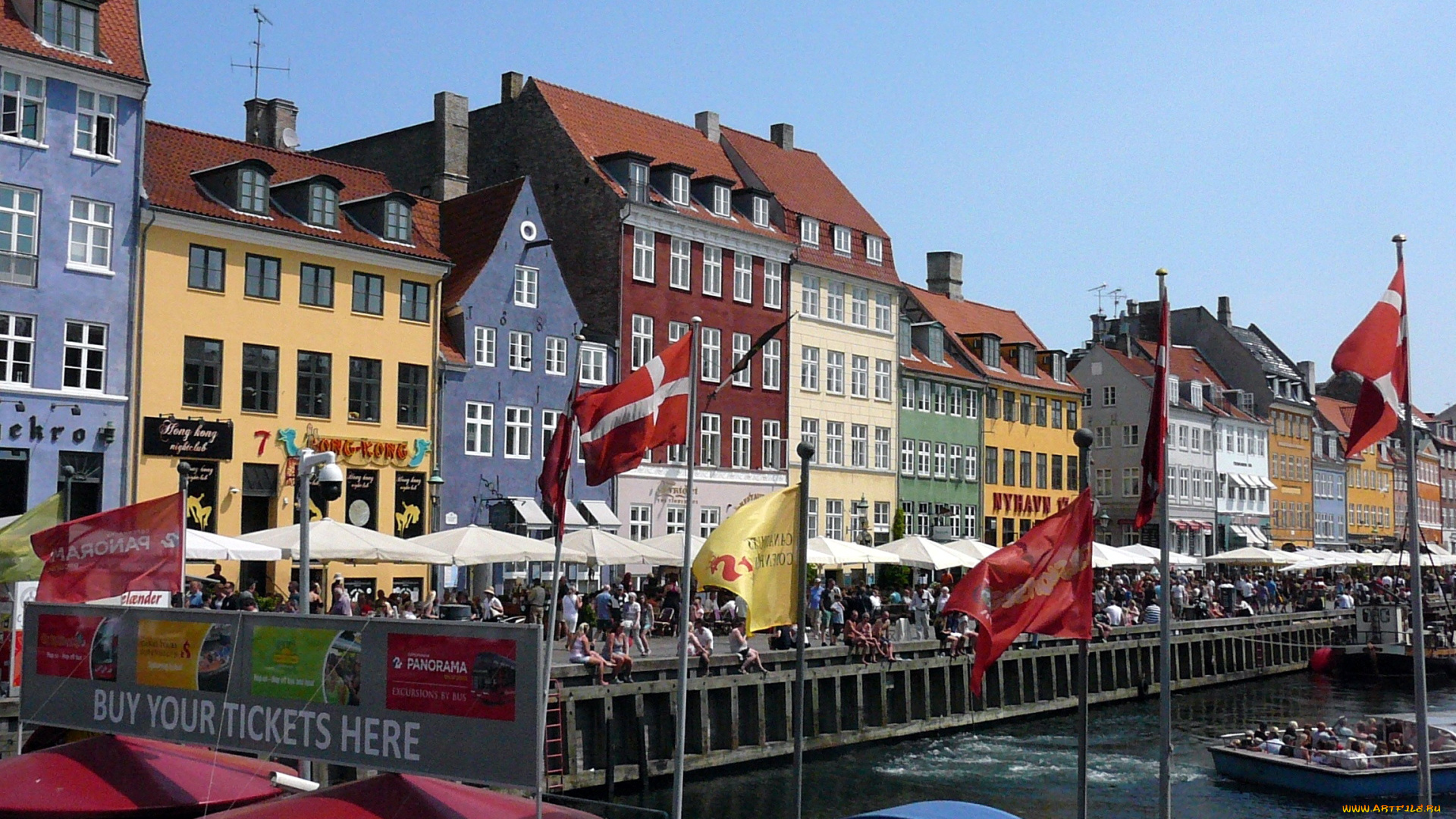 города, копенгаген, , дания, флаги, дома, набережная