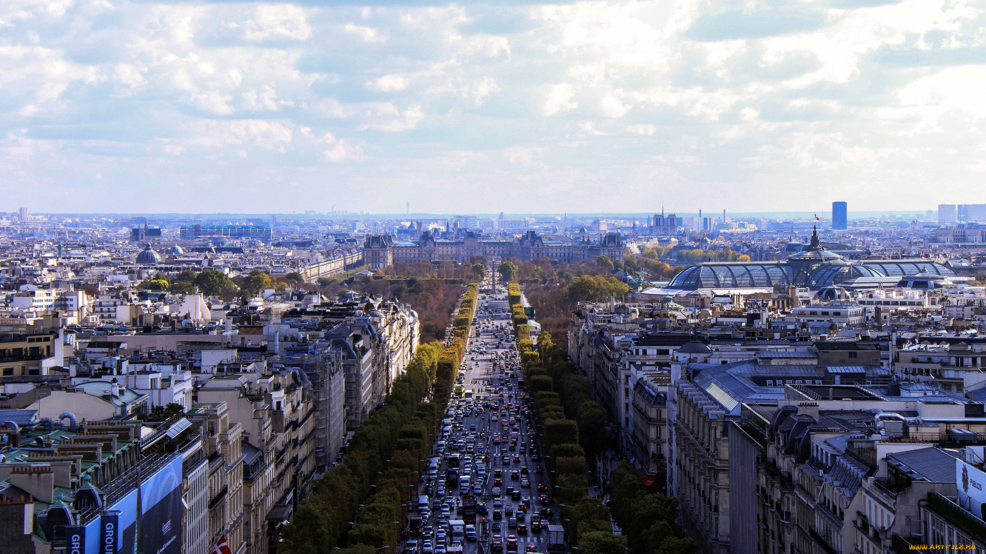 города, париж, , франция, дома, движение, улица, панорама