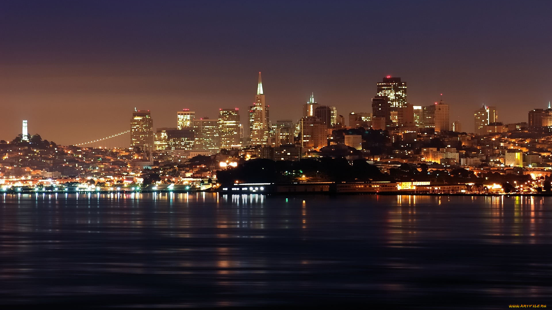 города, сан-франциско, , сша, вечер, освещение, река, здания