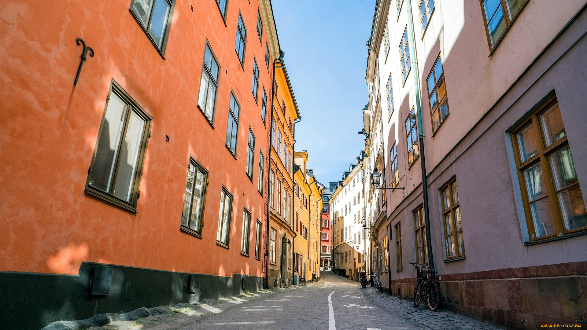 города, стокгольм, , швеция, узкая, велосипед, дома, улочка