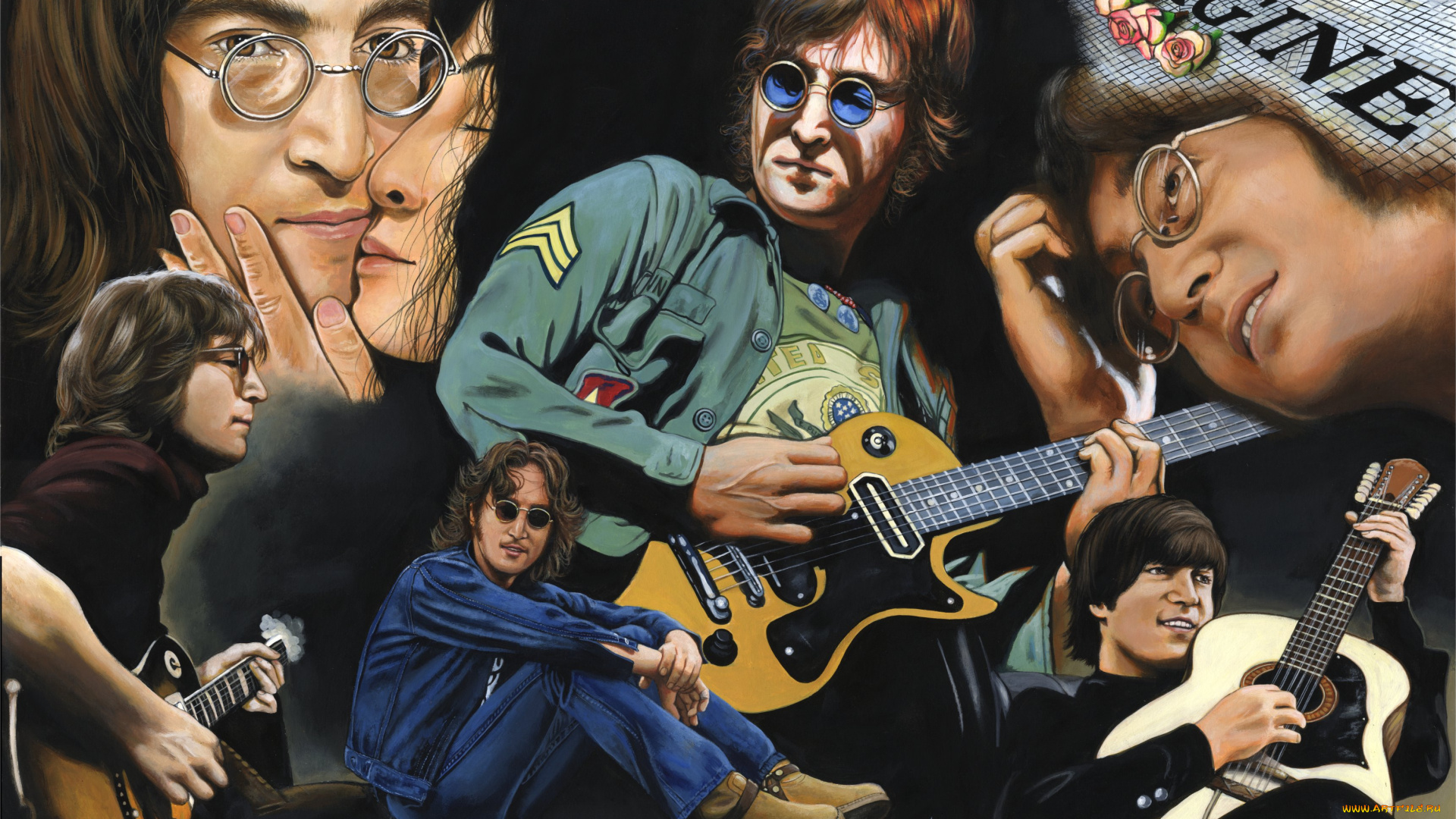 john, lennon, рисованное, люди, очки, гитара, взгляд, фон, мужчина
