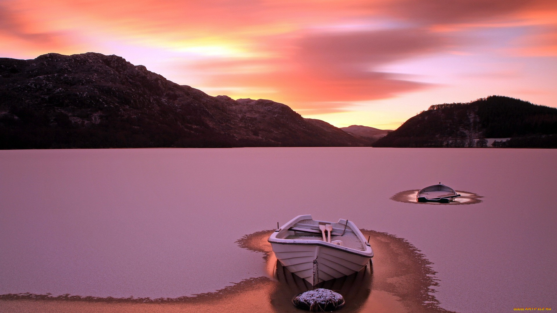 корабли, лодки, , шлюпки, снег, горы, озеро