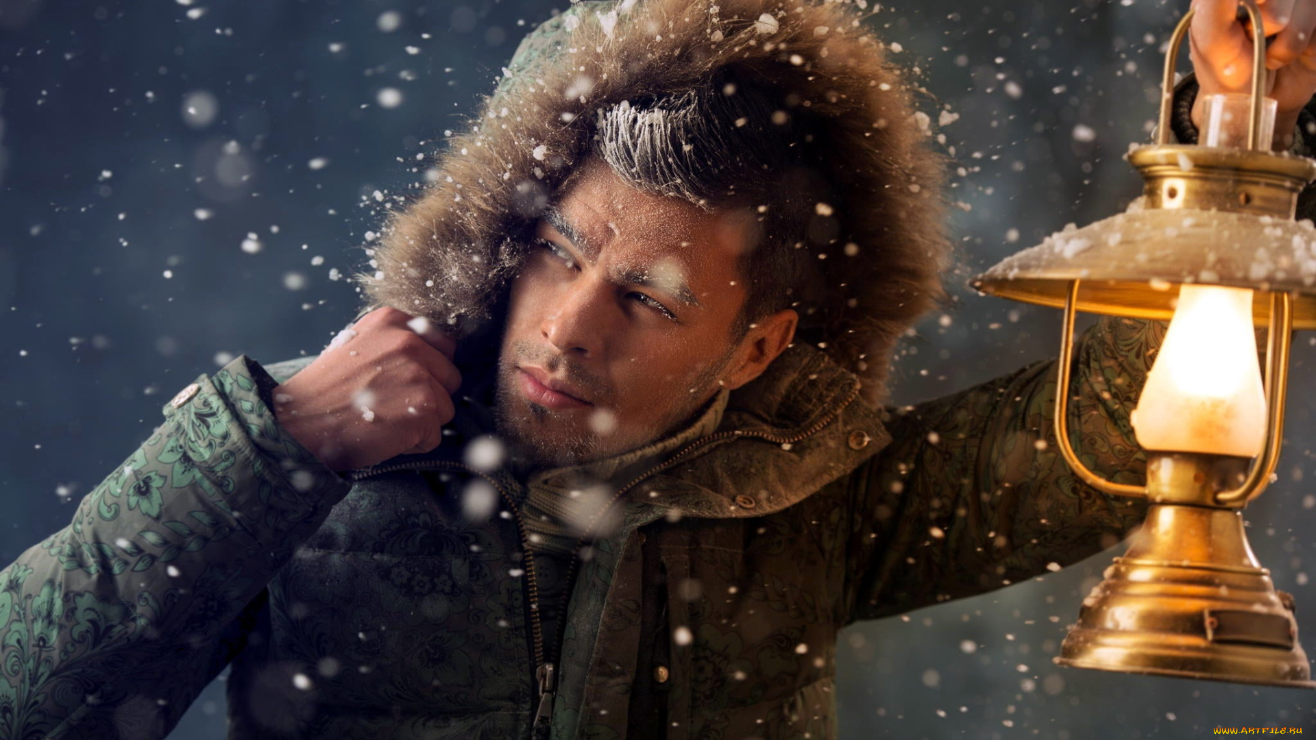 мужчины, -, unsort, куртка, снег, фонарь